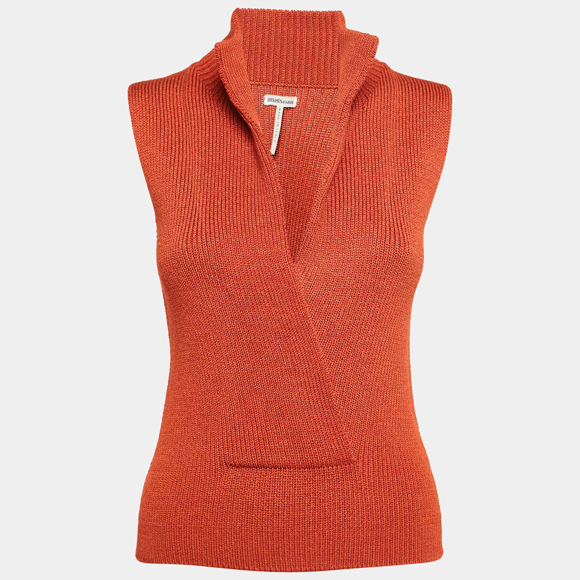 Hermès Orange Rib Knit Plunging Neck Sweater Vest S/M