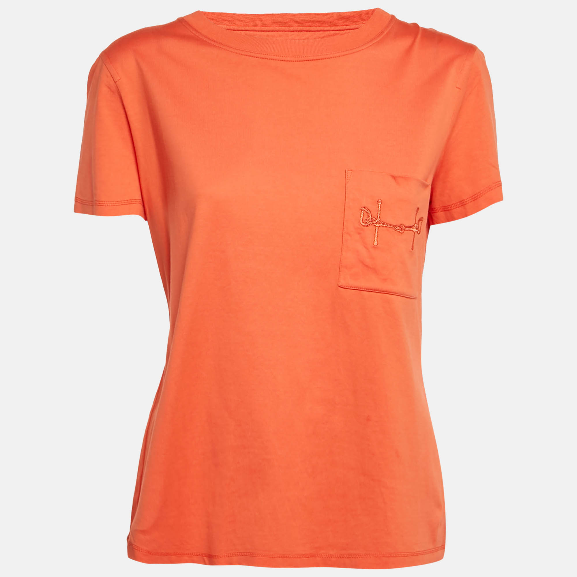 Hermes Orange Jersey Embroidered Pocket Detailed T-Shirt M