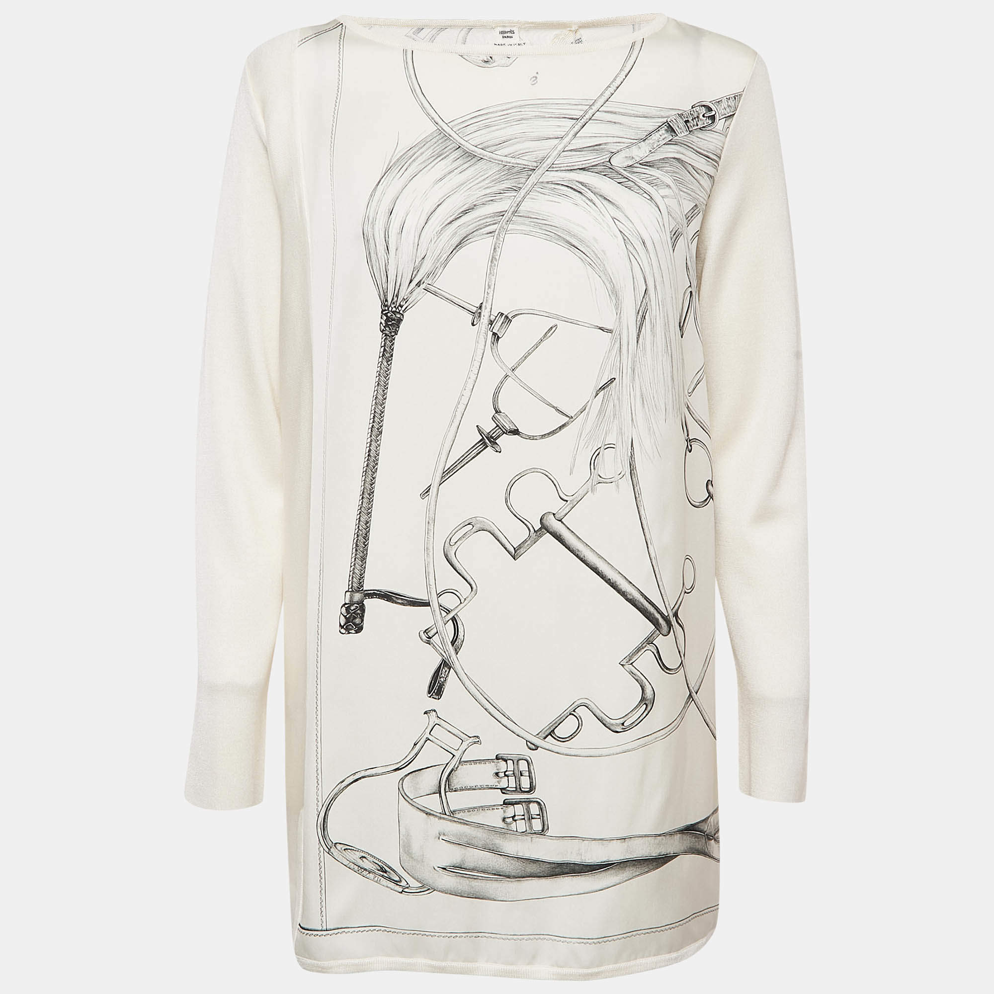 Hermes White Printed Silk and Knit Projets Carre au Crayon Top L
