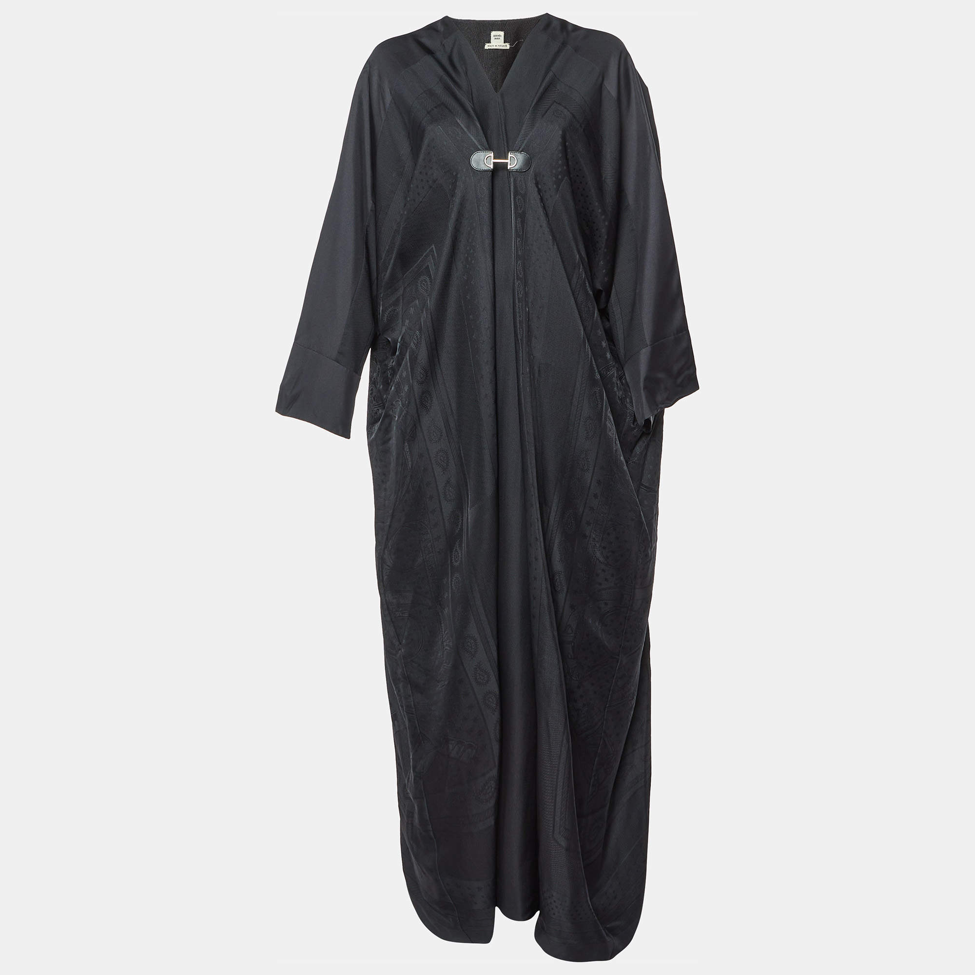 Pre Owned Hermes Black Jacquard Silk Kimono Maxi Dress M
