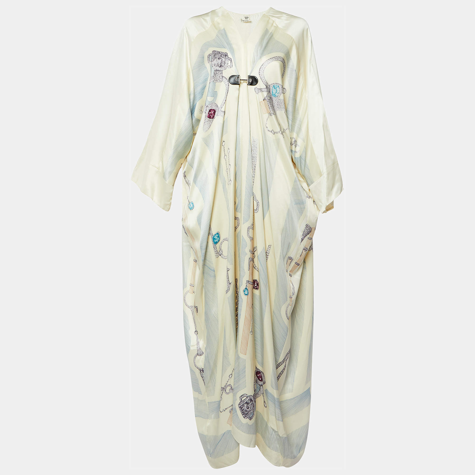 Pre Owned Hermes Cream Printed Silk Kimono Maxi Dress M