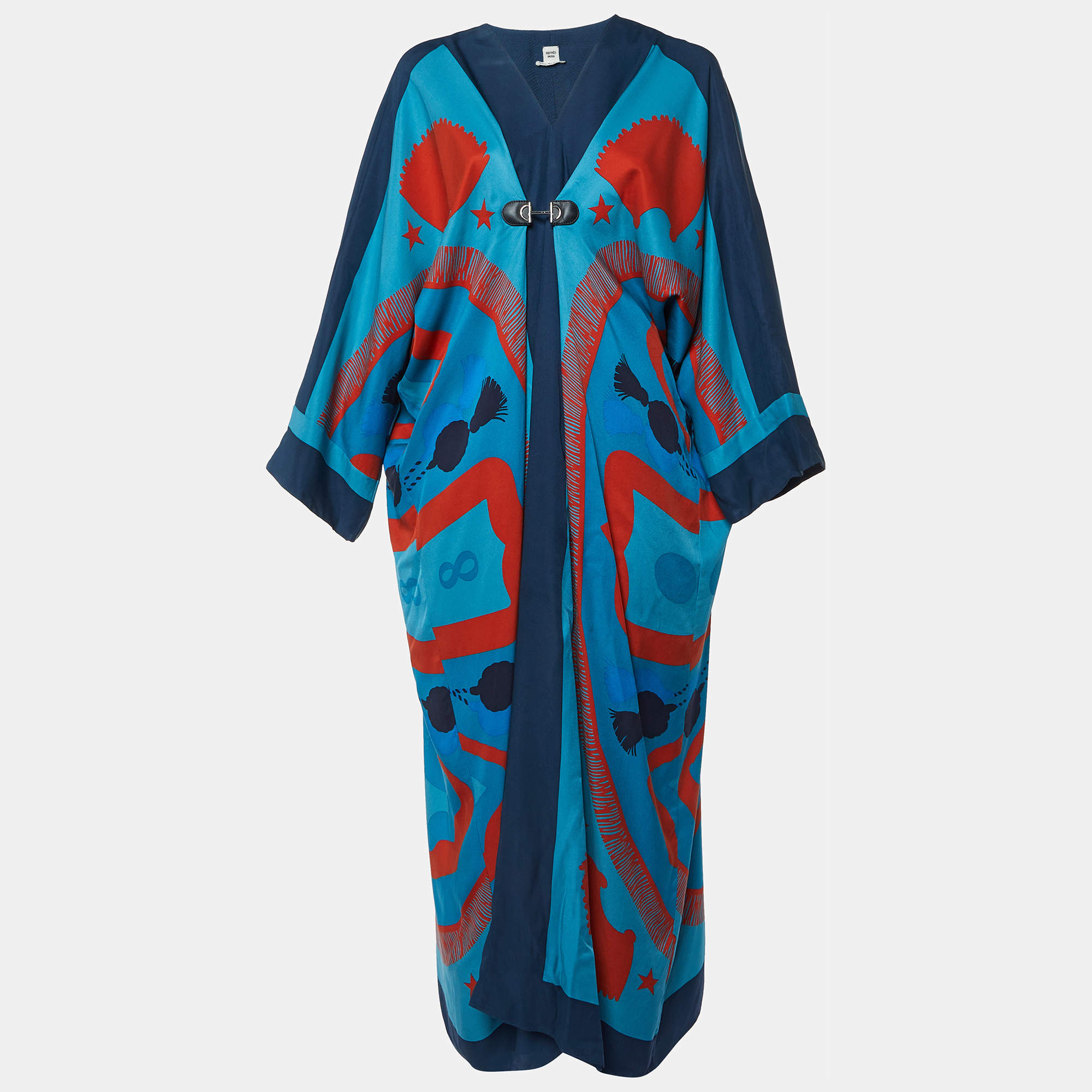 Hermes Blue/Multicolor Printed Silk Kimono Long Dress M