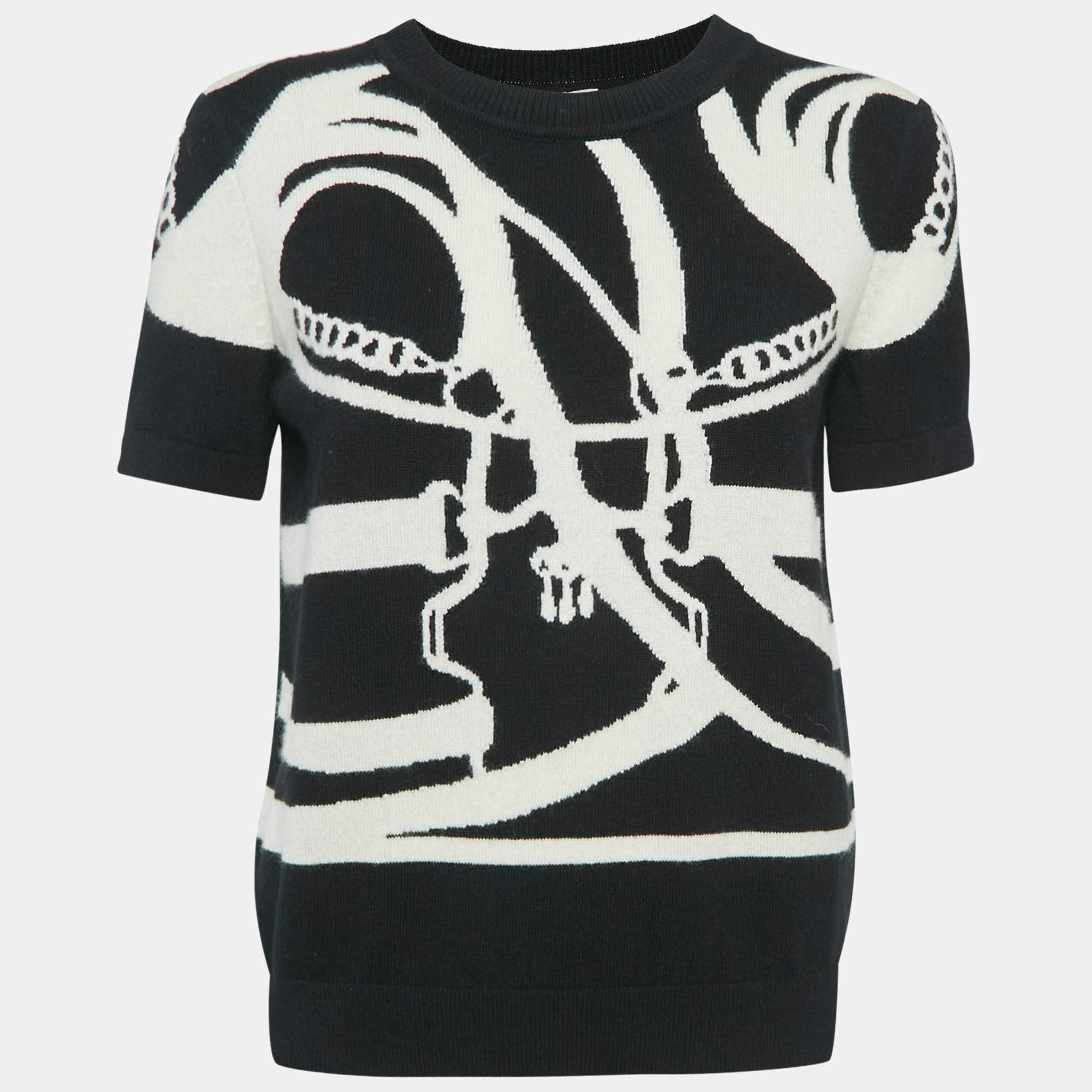 Hermes Black/White Patterned Cashmere Knit Crew Neck T-Shirt L