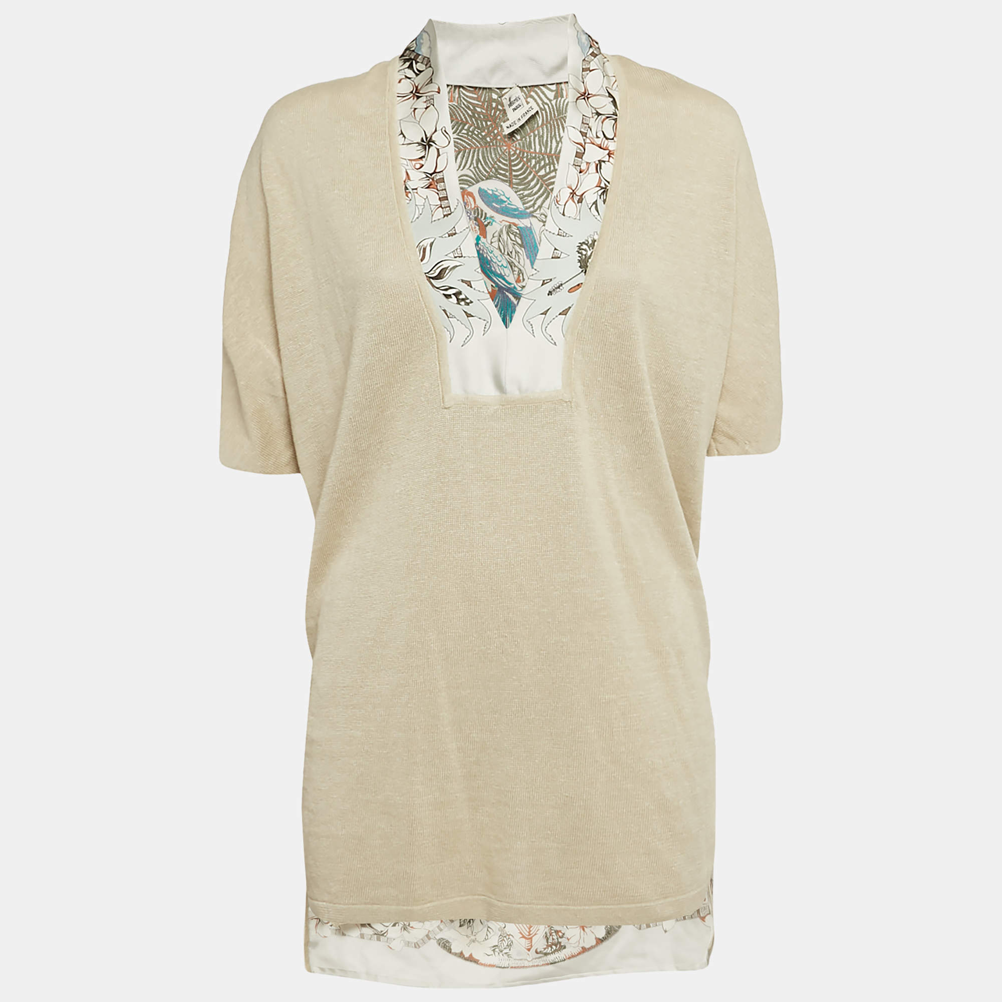 Hermes Beige Aloha Print Linen Knit and Silk V-Neck Blouse L