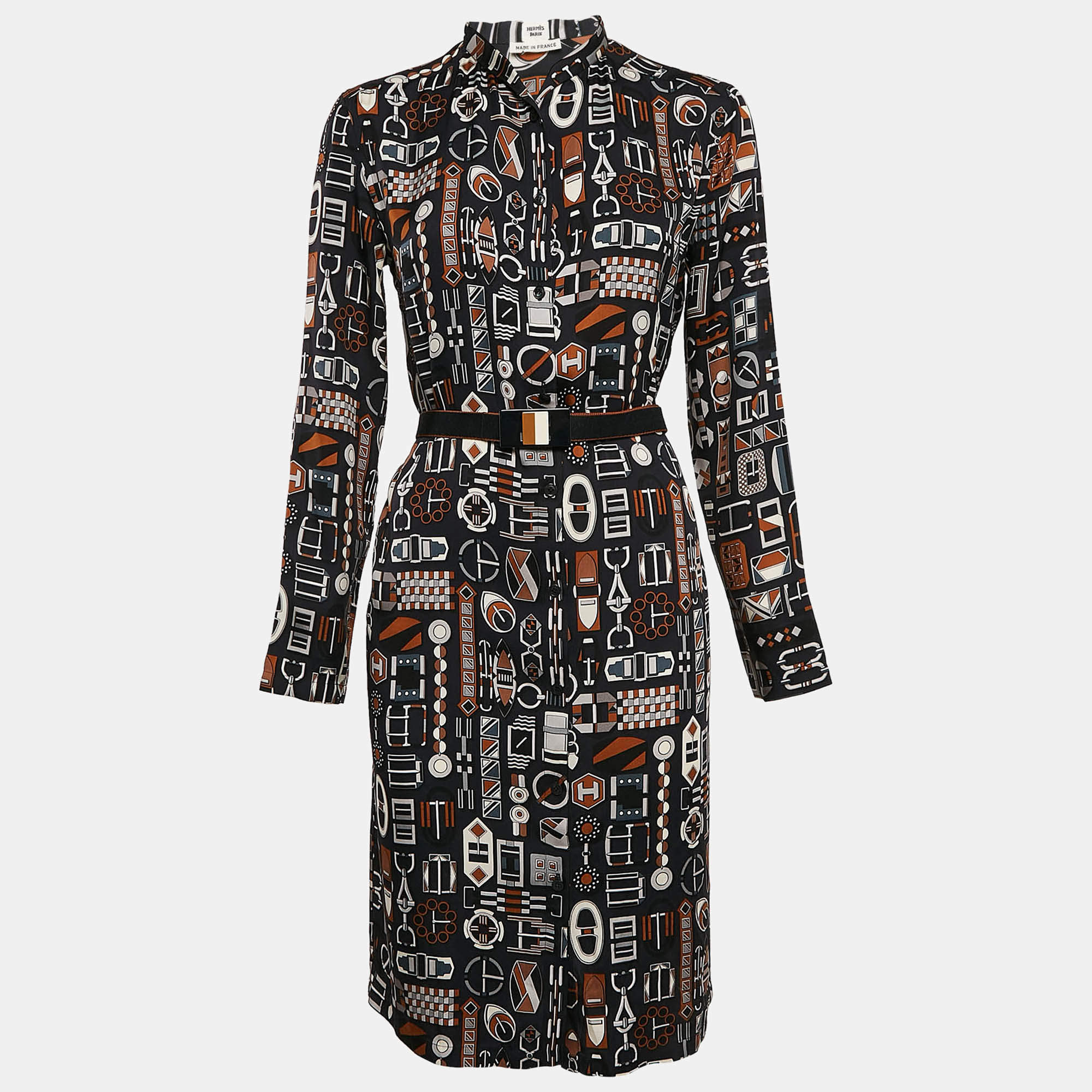Pre Owned Hermes Navy Blue Printed Silk Carré en Boucles Shirt Dress M