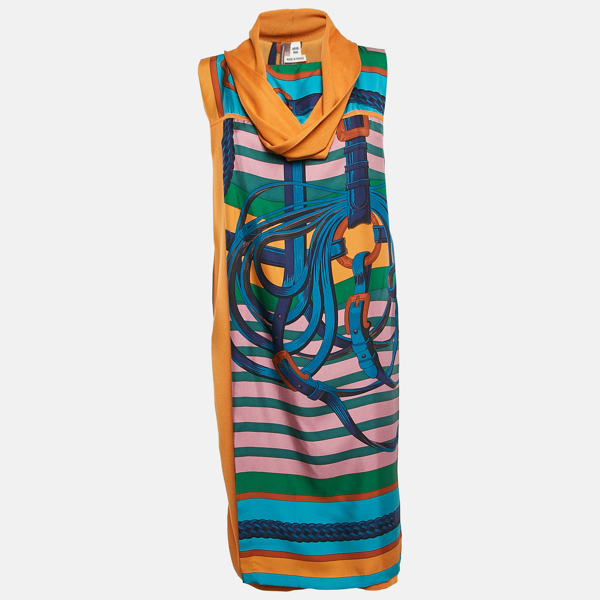 Hermès Blue/Brown Print Silk and Knit Sleeveless Shift Dress M