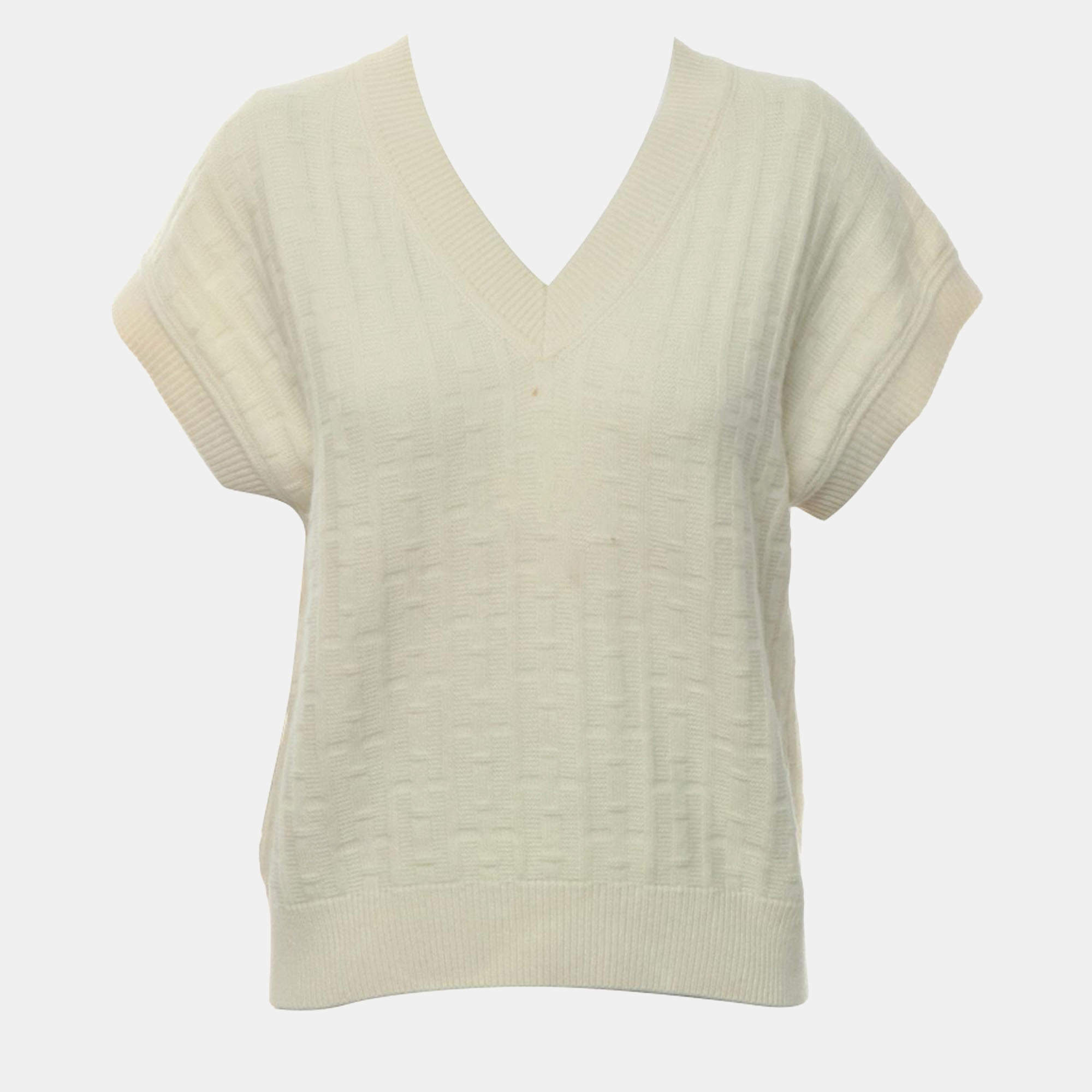 Hermes Cream Wool, Polyamide Knitted V-Neck Top IT Women 34