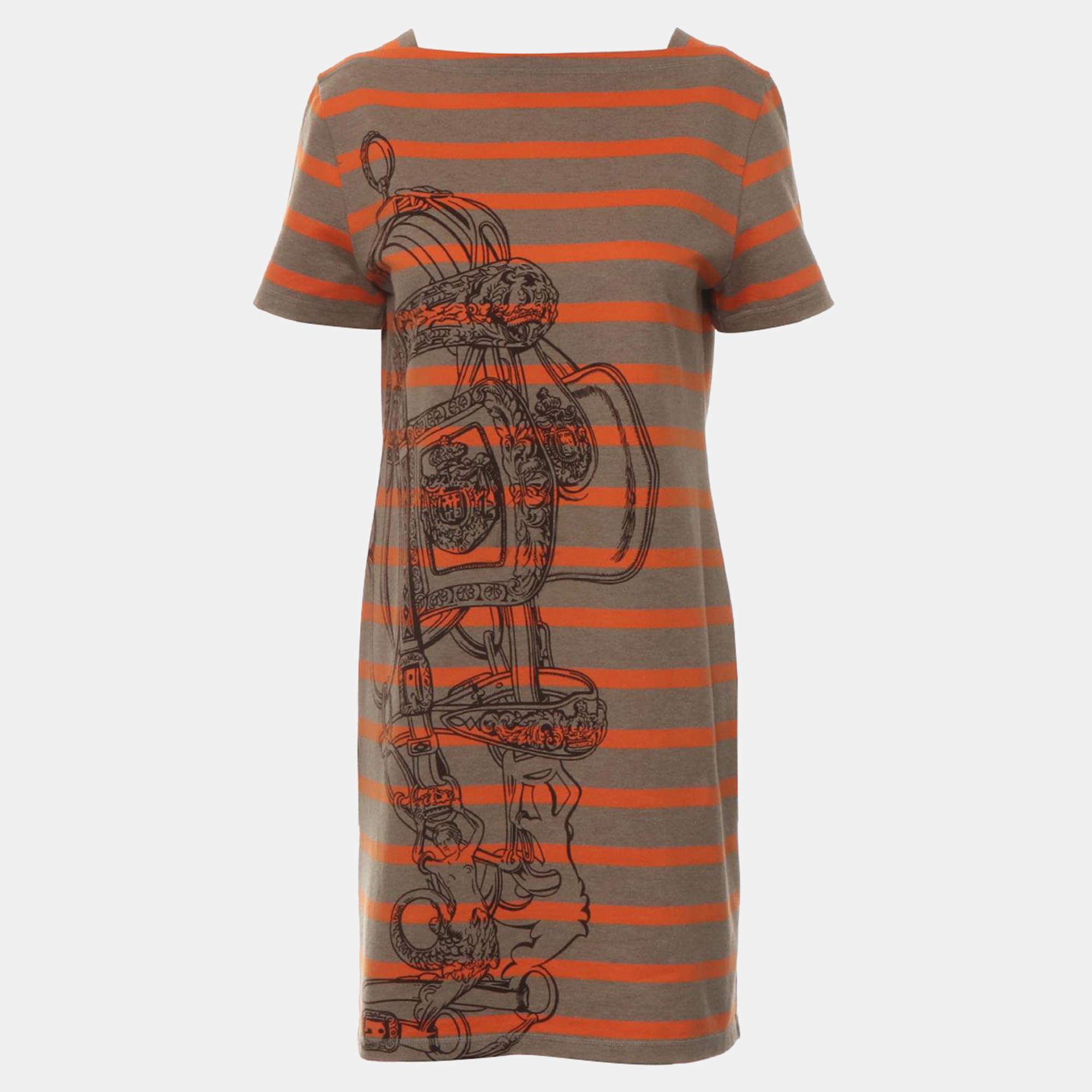 Pre Owned Hermes Brown, Orange Cotton Stripes Dress FR Women 40