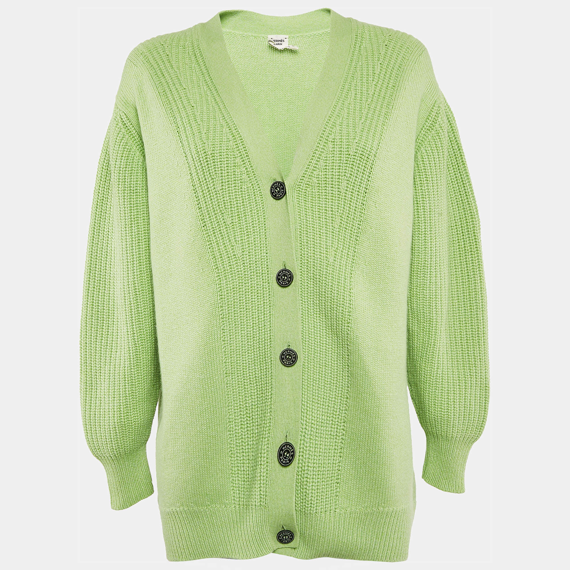 Hermes Green Cashmere Blend Button Front Cardigan M