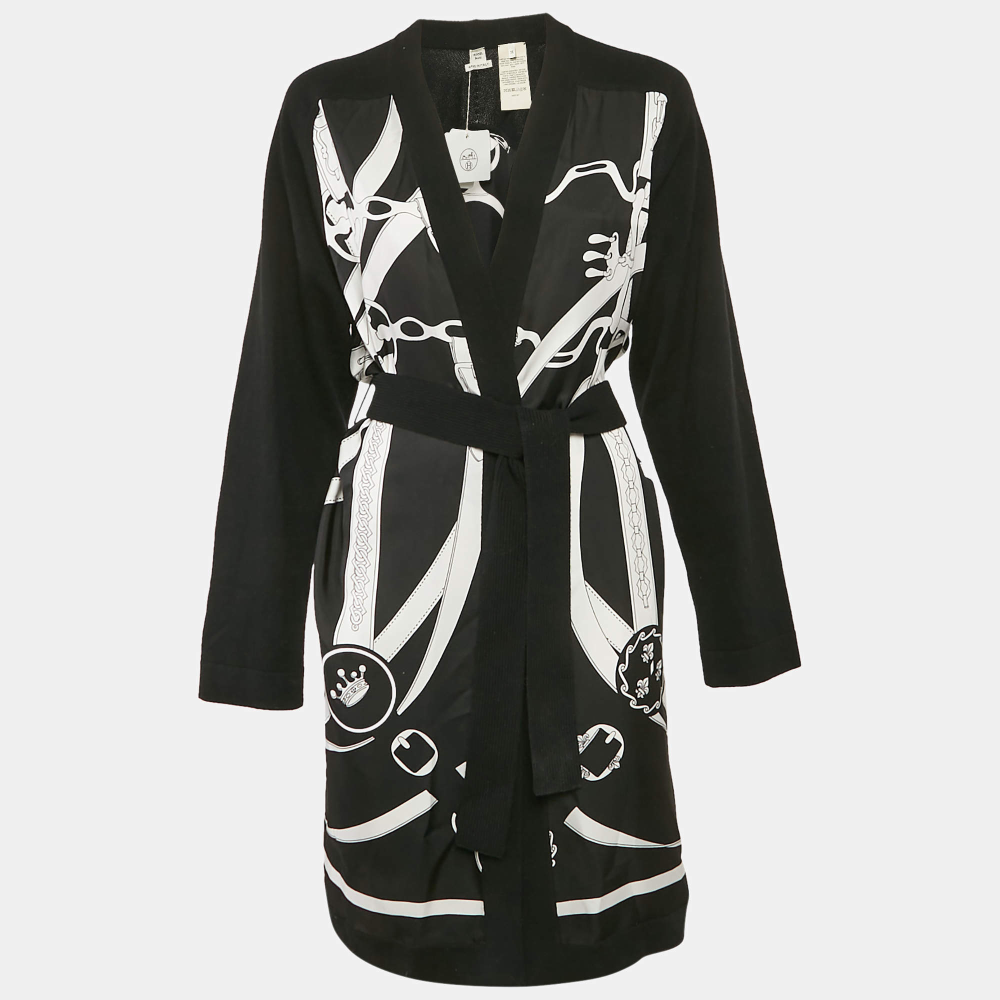 Hermes Black Promenade du Matin Remix Print Silk and Wool Knit Long Twillaine Cardigan M