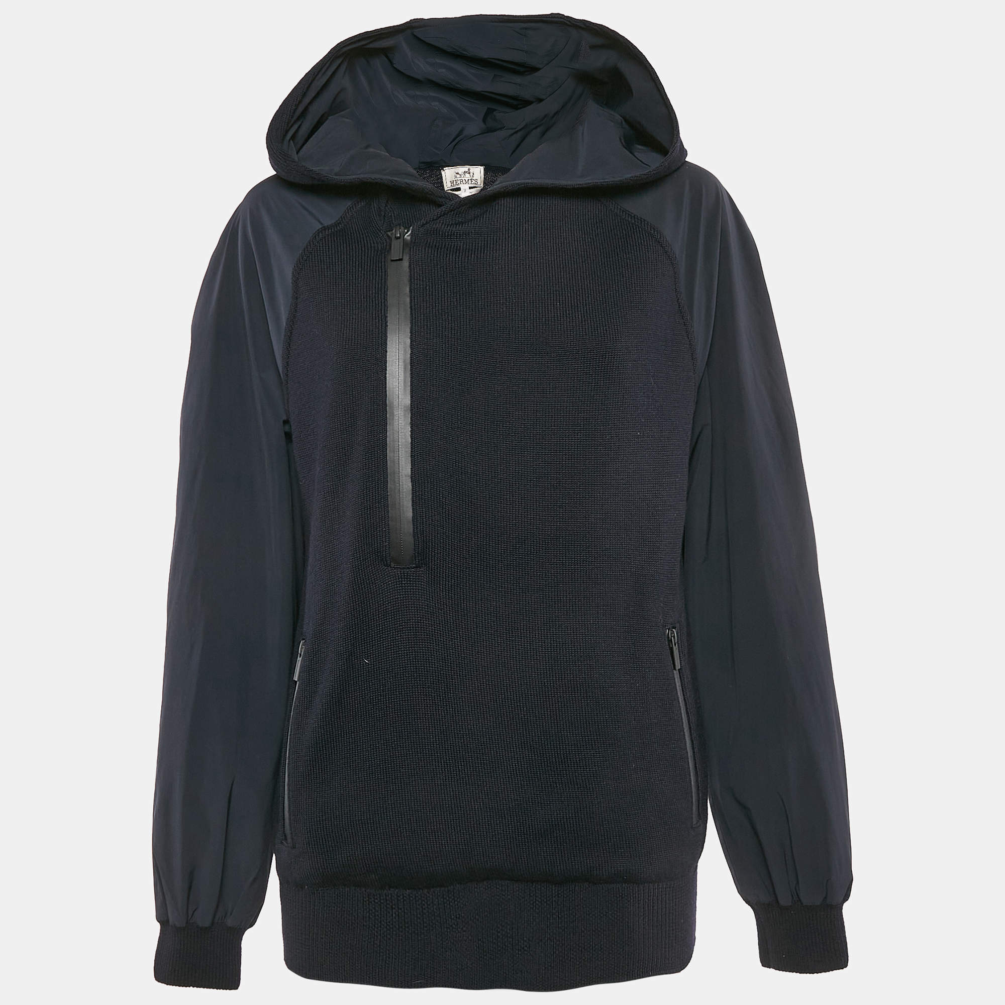 Hermes Navy Blue Wool Knit and Polyamide Zip-Up Hooded Jacket M