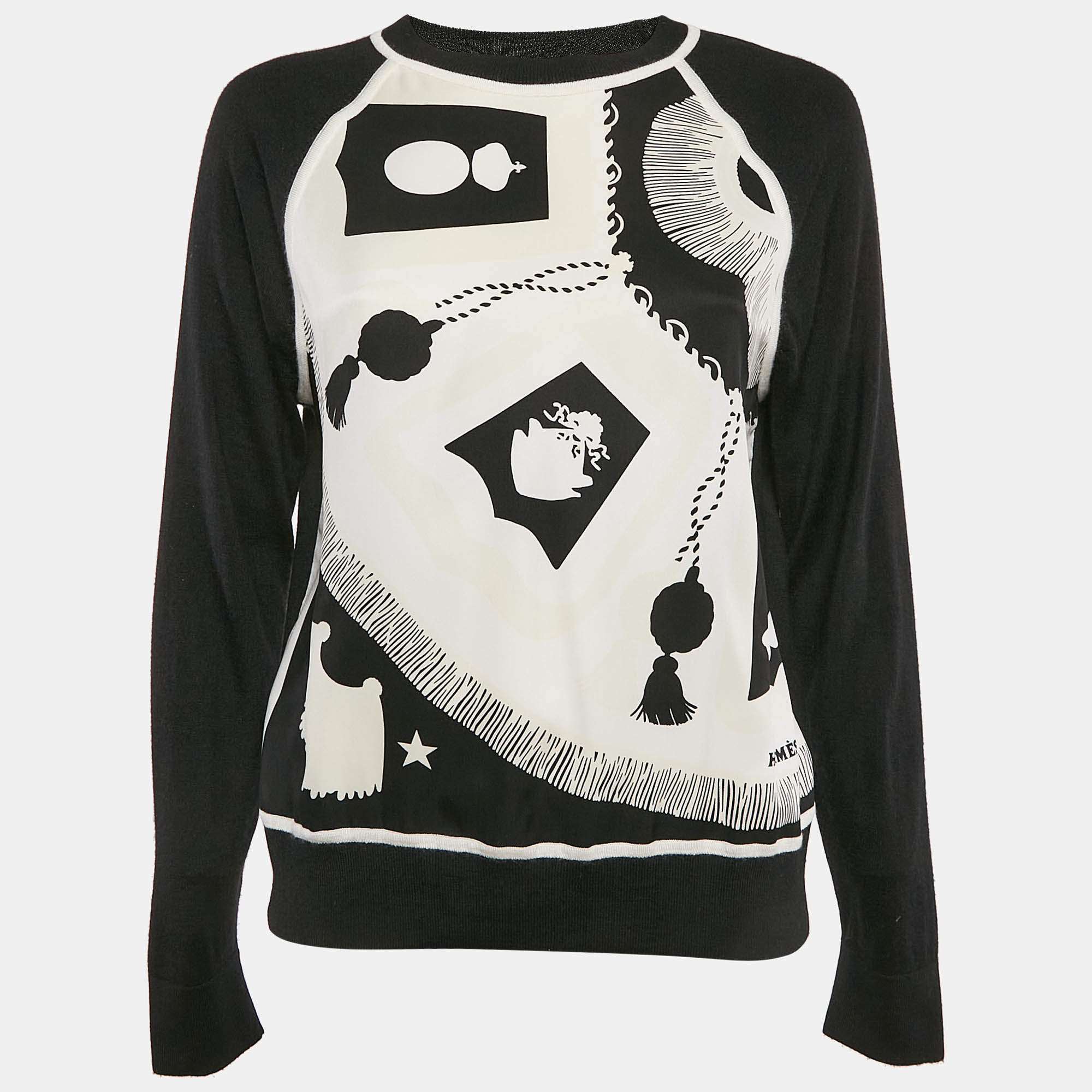Hermes Black/White Silk and Knit Long Sleeve Top M