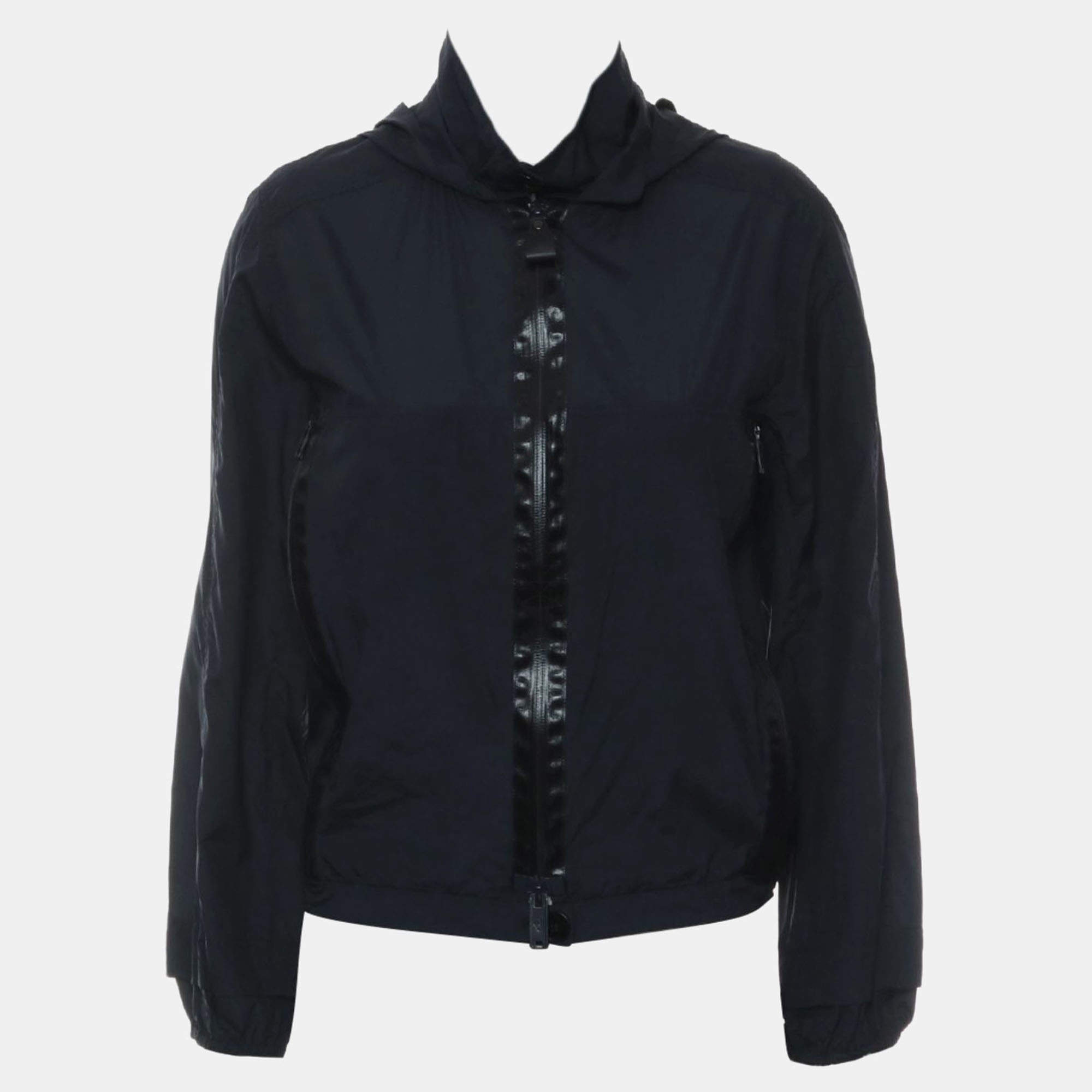 Hermes Navy Blue Silk Zipped Up Hooded Jacket FR Women 34
