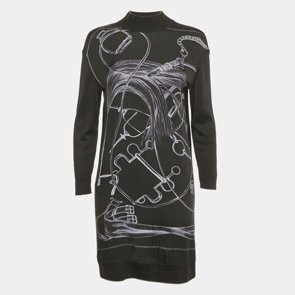 Hermes Black Printed Silk and Knit Mini Dress S