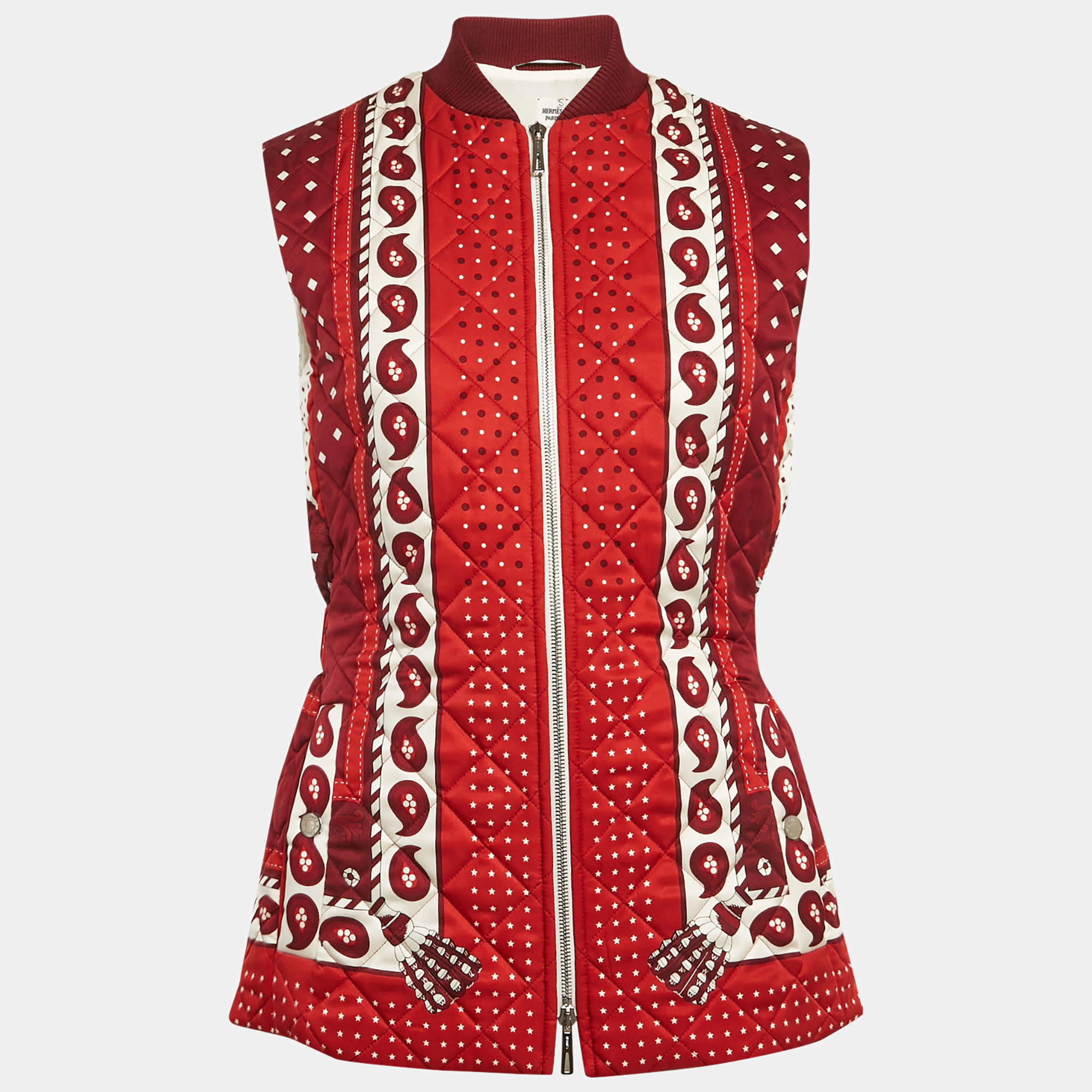 Hermes Red Printed Silk Quilted Vest S
