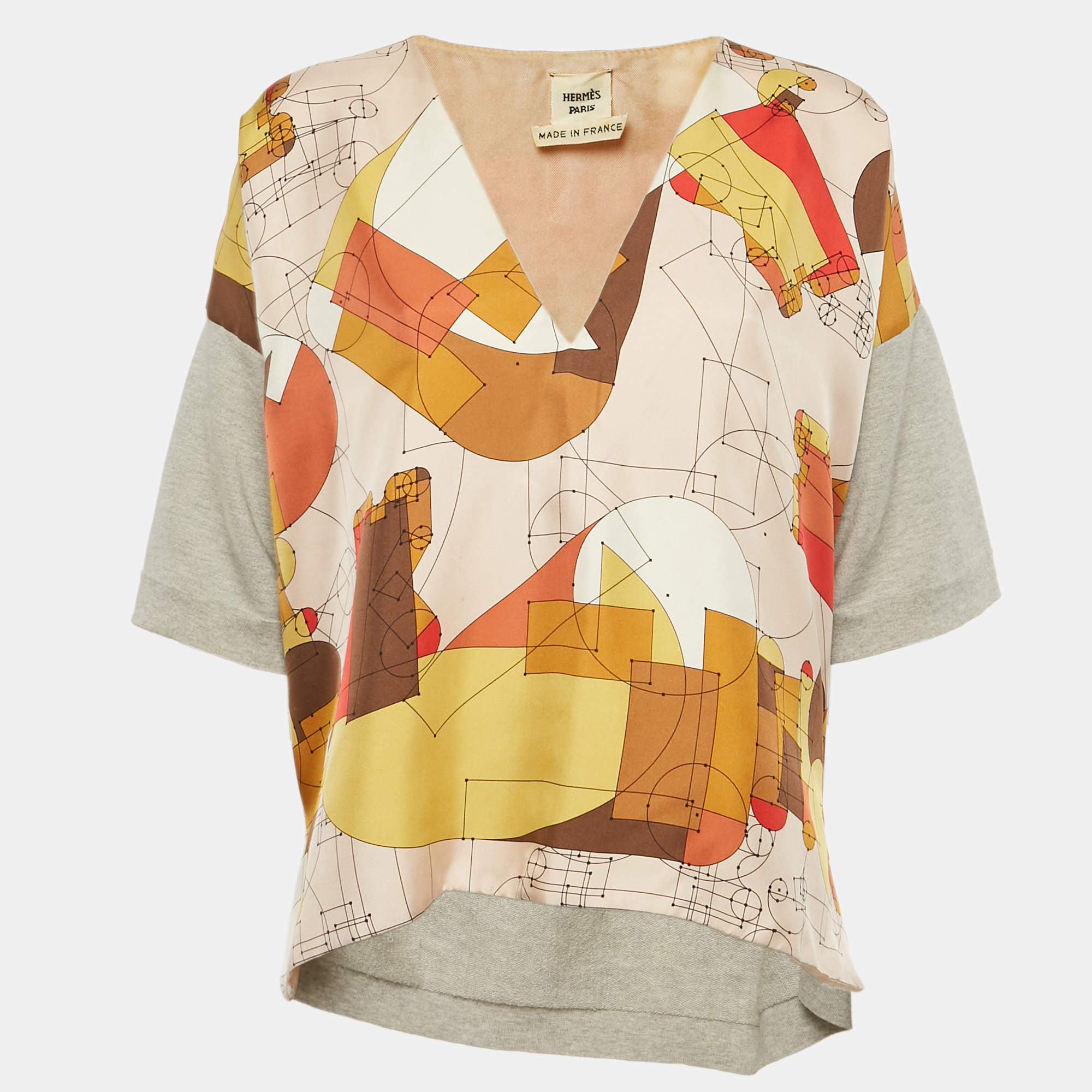 Hermes Grey/Multicolor Geometric Print Silk and Cotton Knit Top S