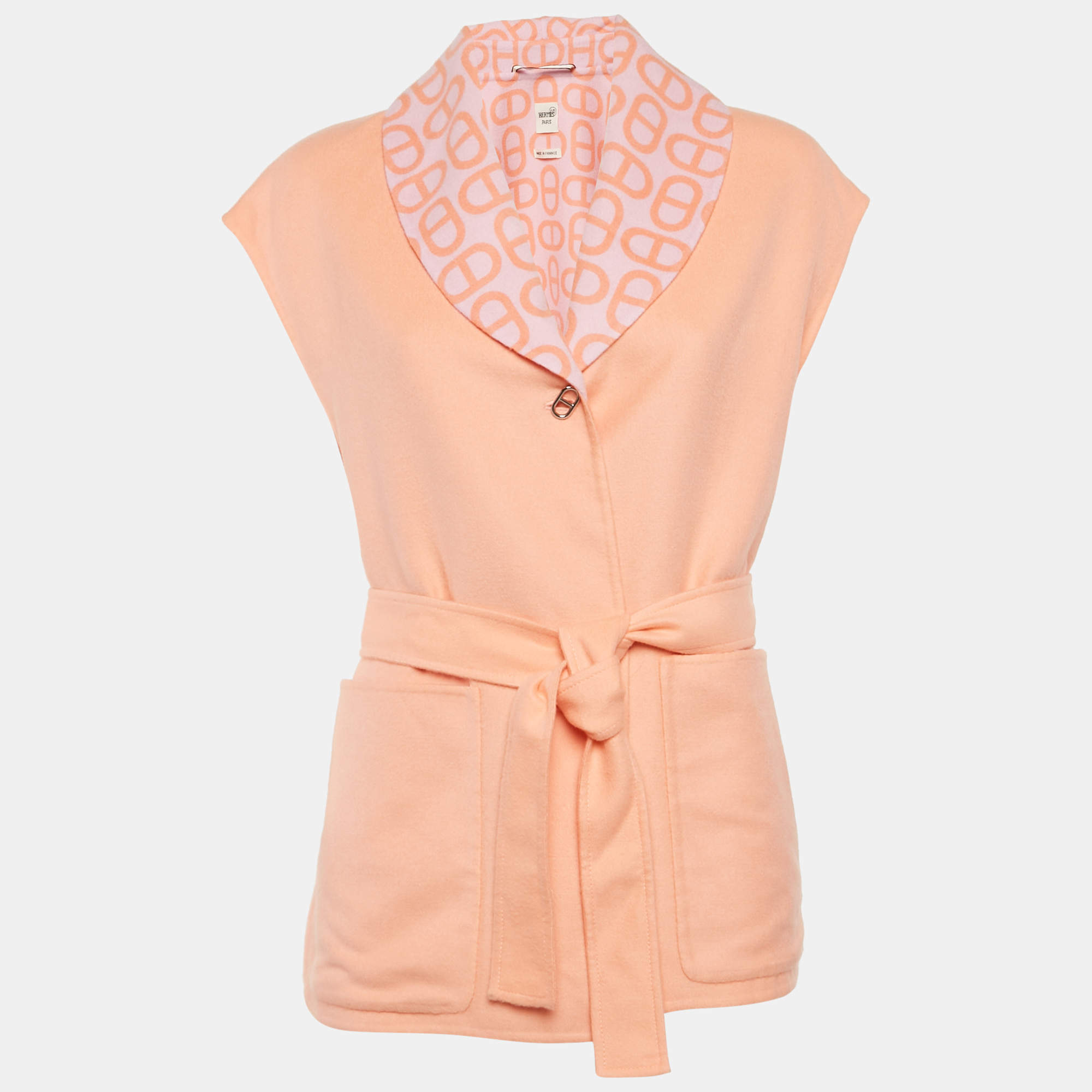 Hermes Light Orange Wool Belted Sleeveless Overcoat M