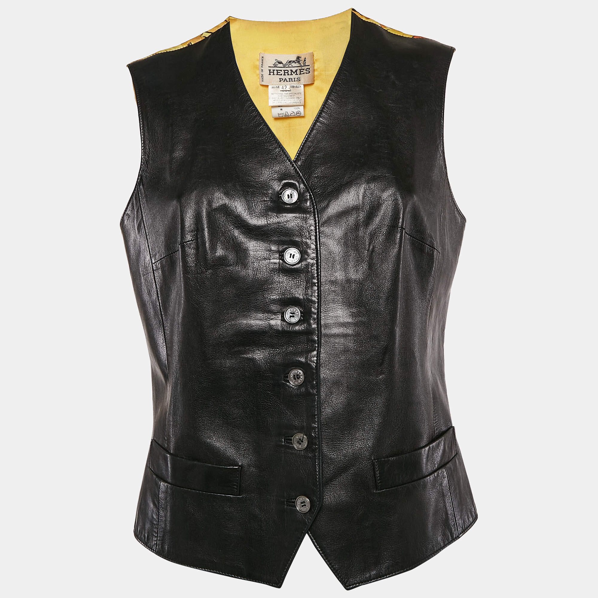 Hermes Black/Yellow Printed Crepe and Leather Vest L