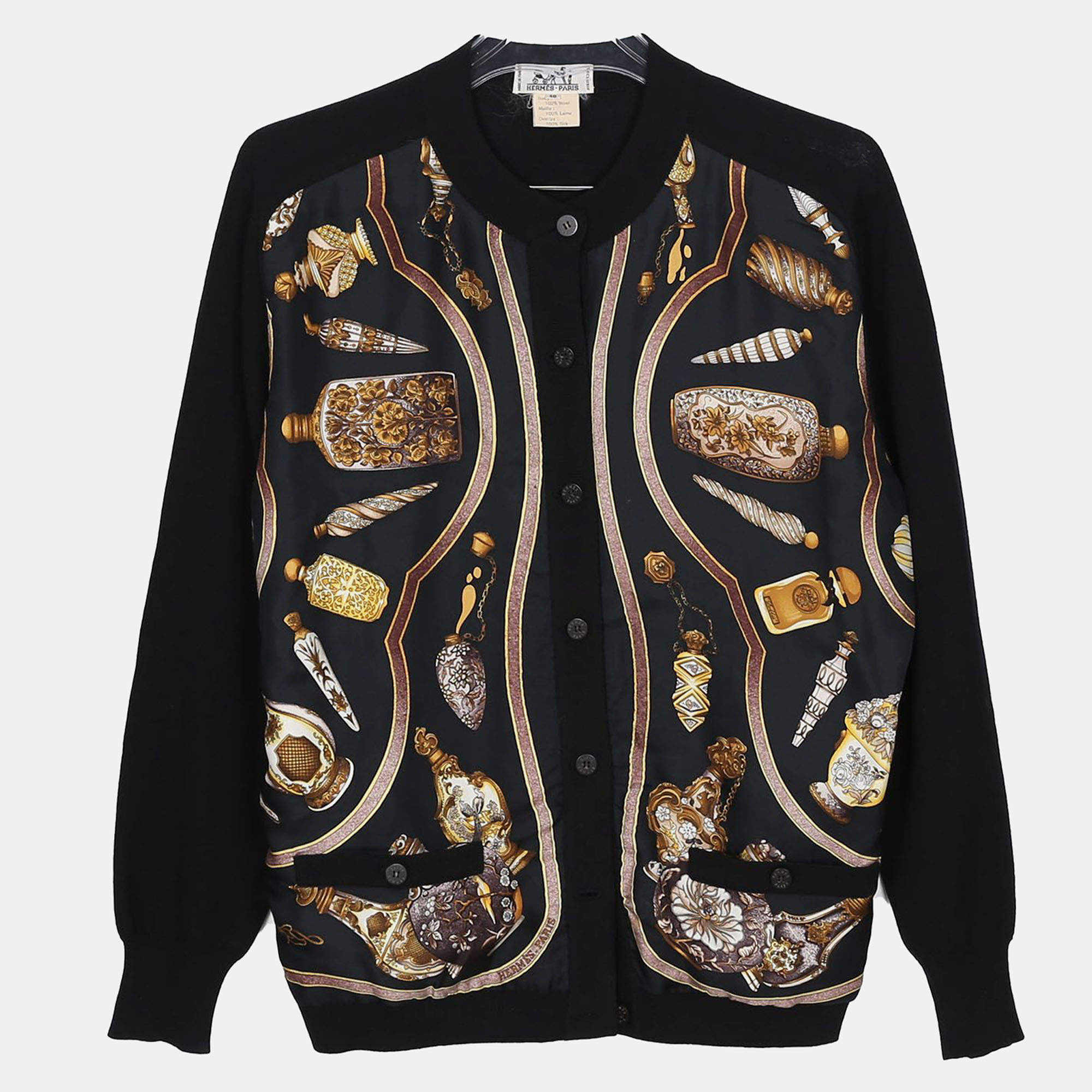 Hermes Black Wool Multicolor Silk Round Neck Cardigan Size 40