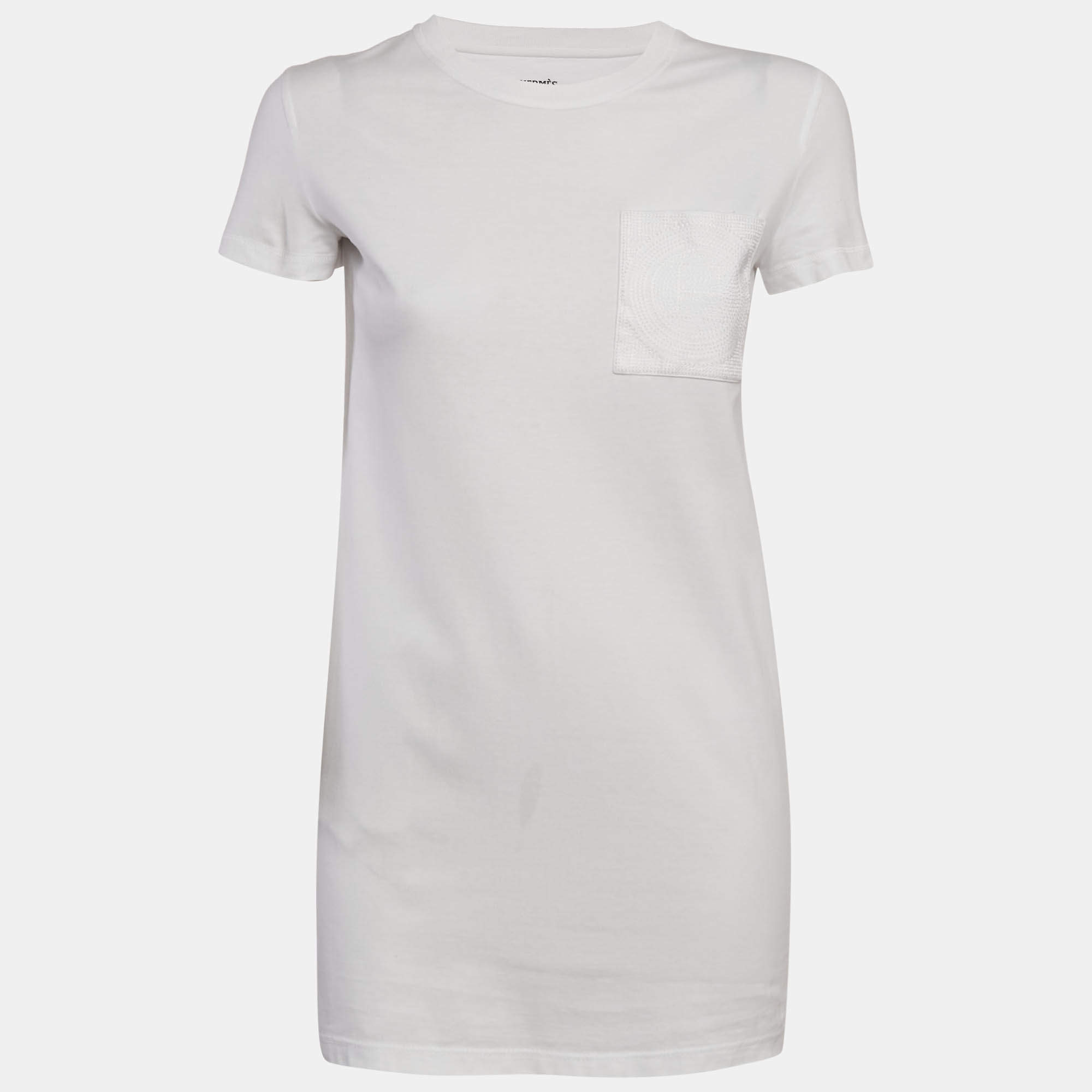 Pre Owned Hermès White Embroidered Pocket Jersey T-Shirt Dress S