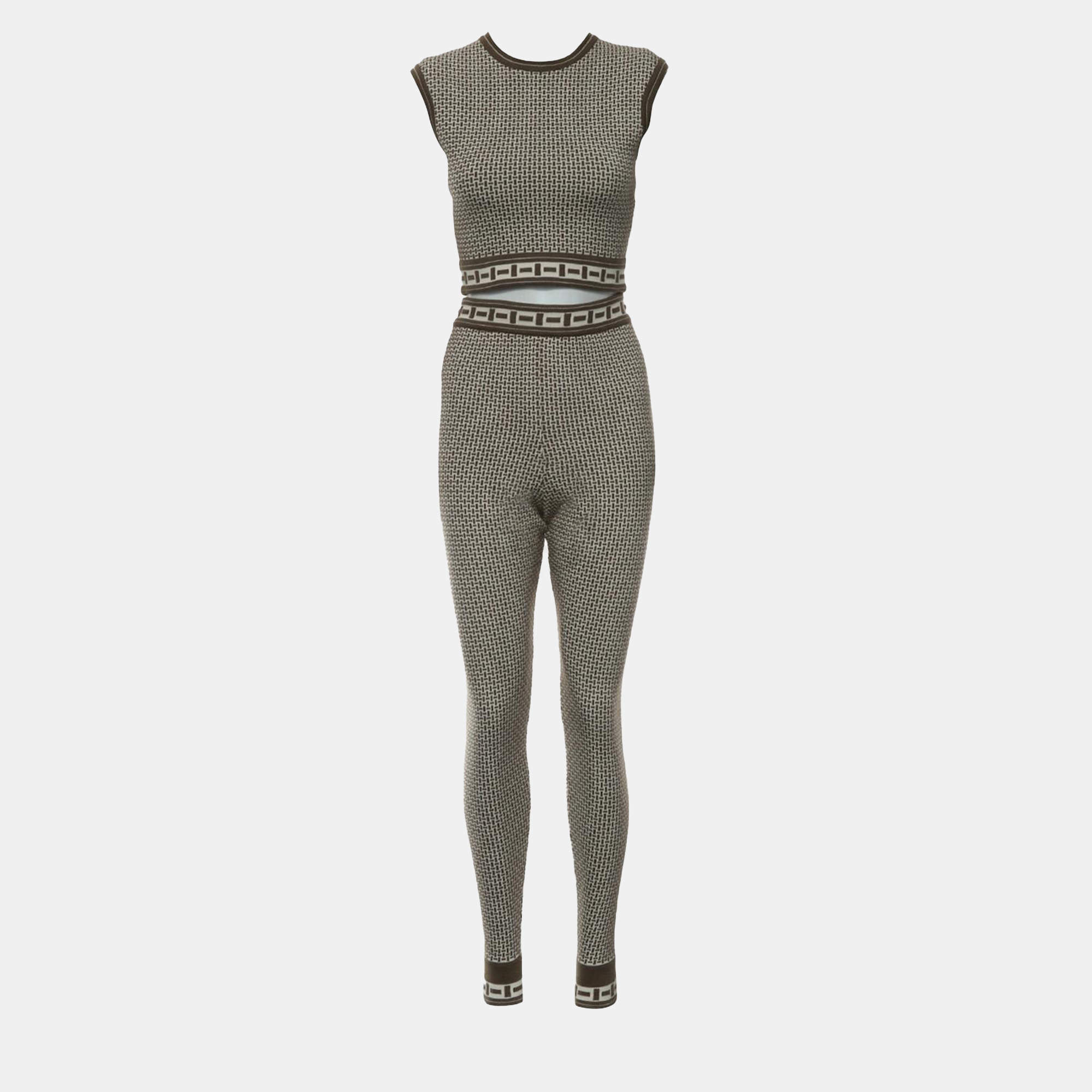 Hermes Brown Wool Pattern Knit Top and Long Pants FR Women 36