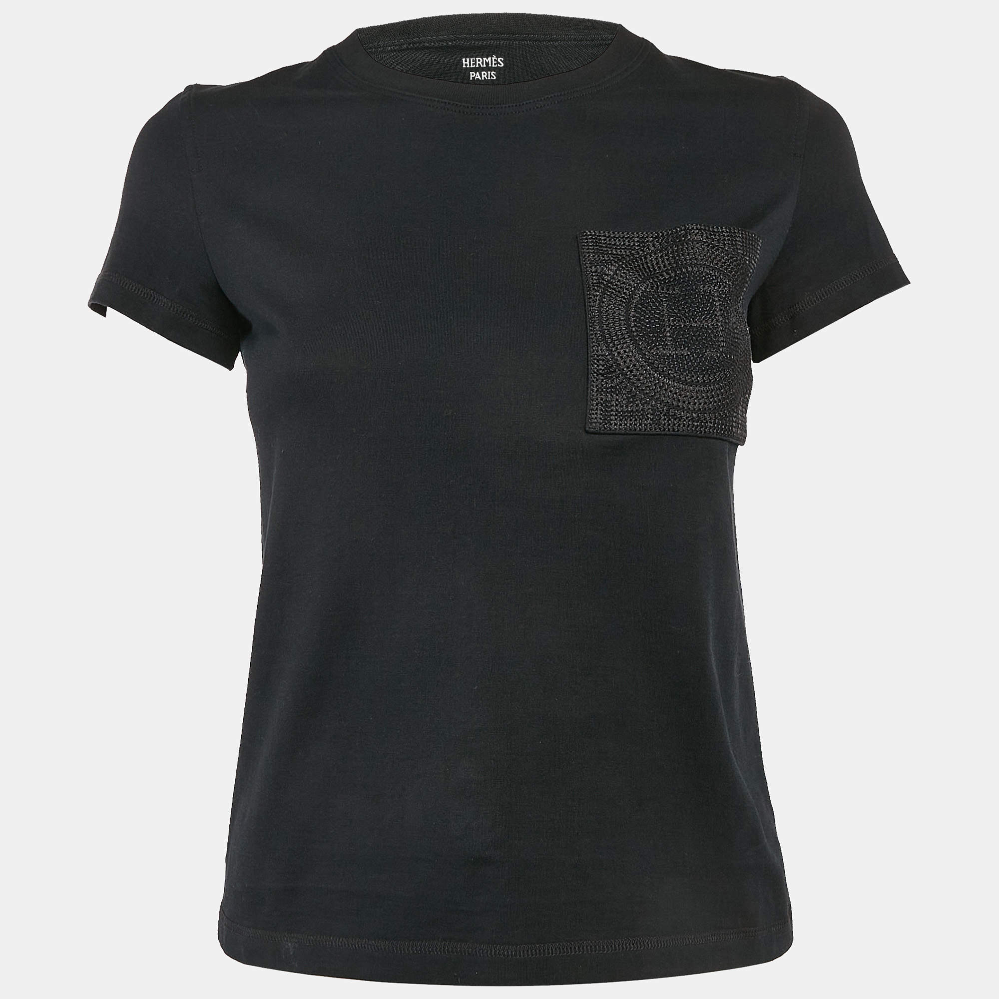 Pre Owned Hermes Black Jersey Embroidered Pocket T-Shirt S