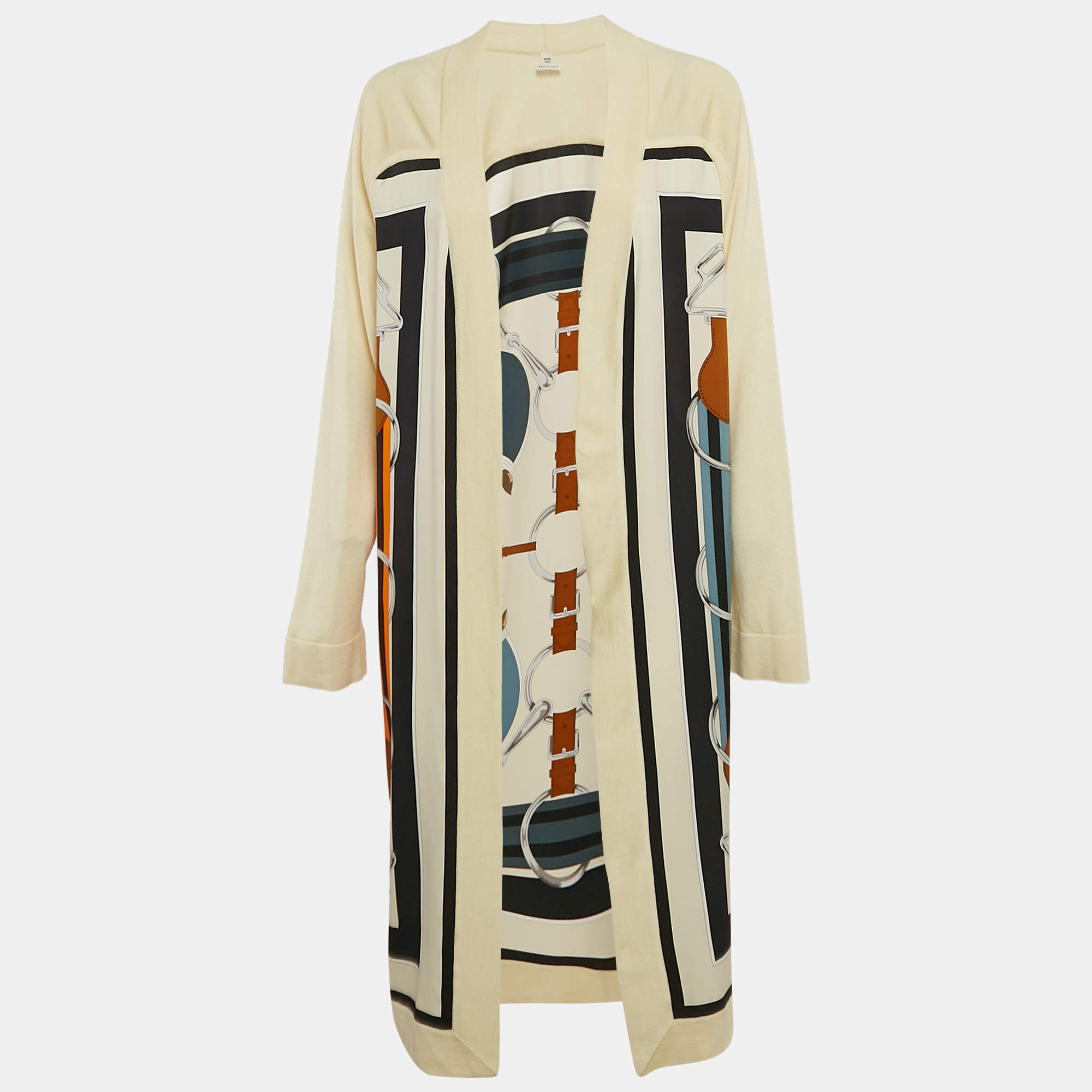 Hermès Multicolor/Cream Printed Cashmere Knit and Silk Open Front Long Cardigan L