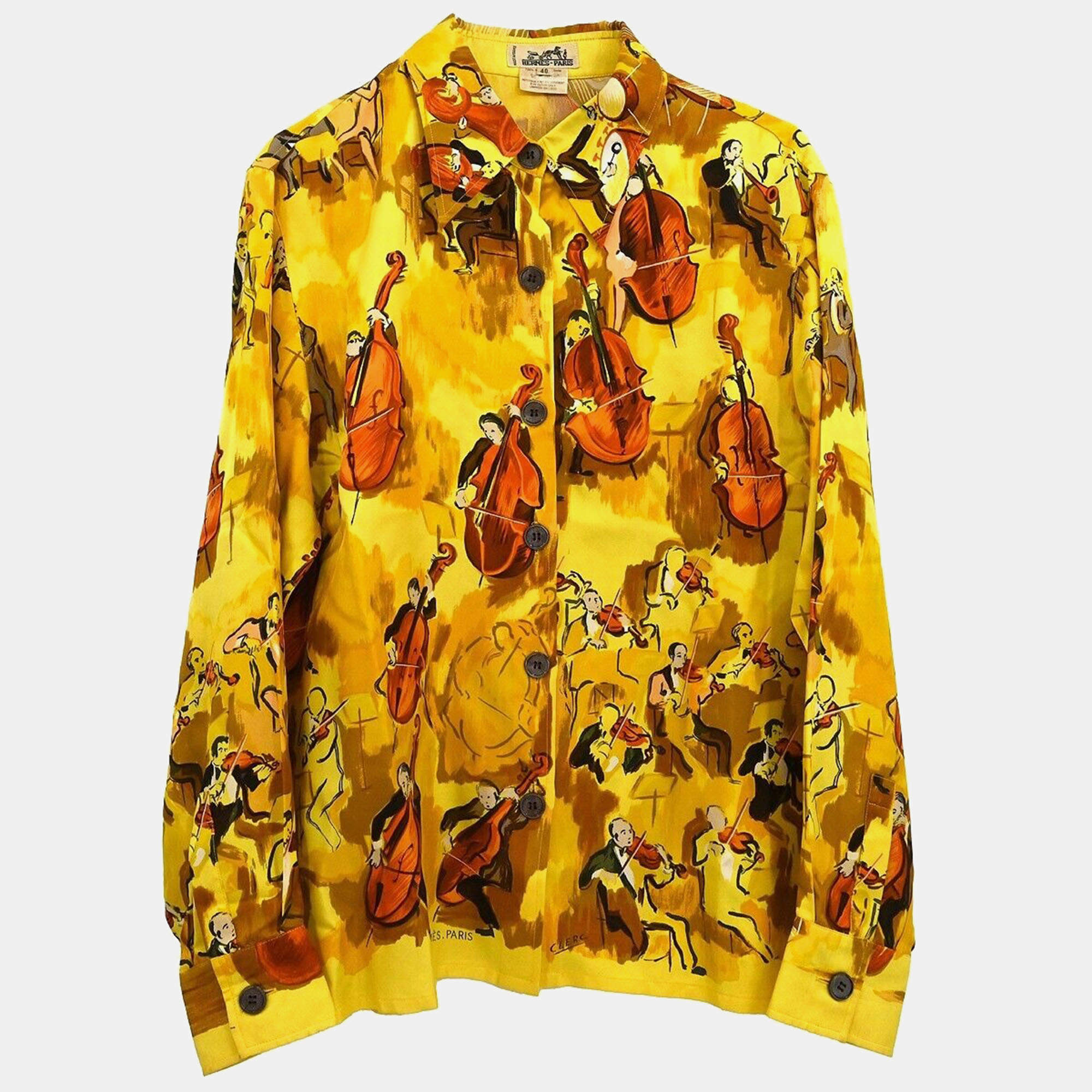 Hermes Yellow Silk Shirt Blouse Woman Size 40