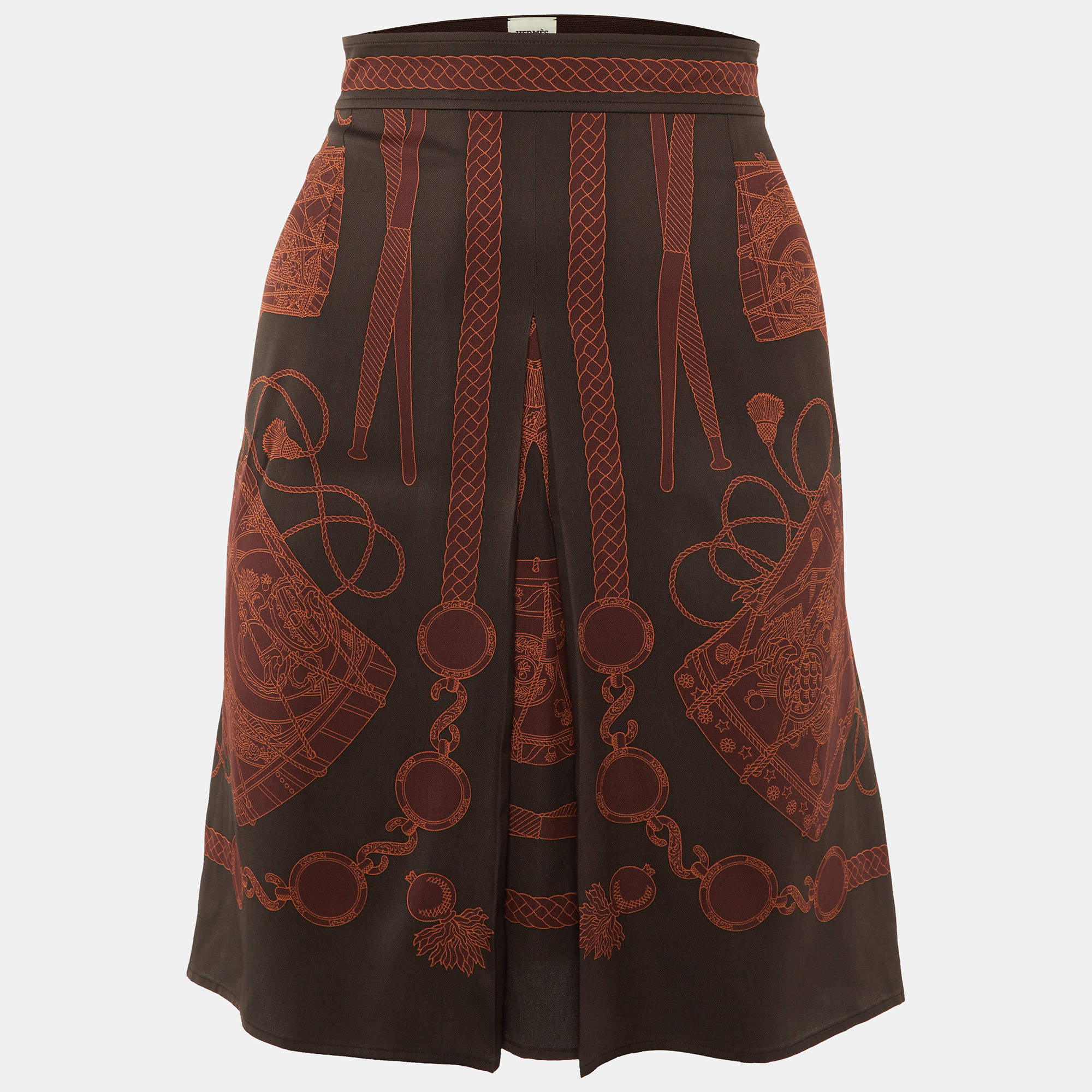 Hermes Dark Brown Printed Silk Pleat Detail Mini Skirt M
