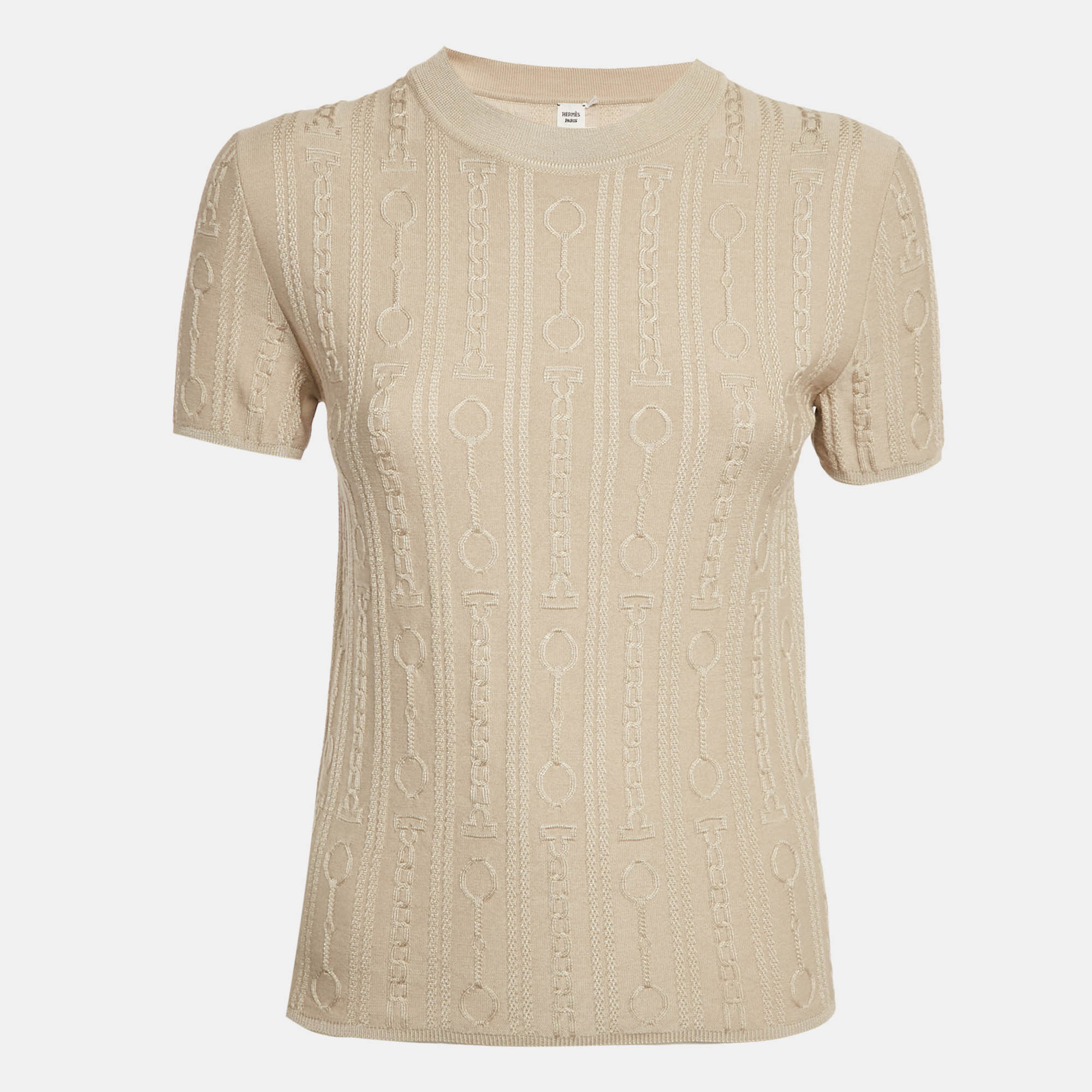 Hermès Beige Wool Blend Short Sleeve Kaleidoscope Effect Sweater M