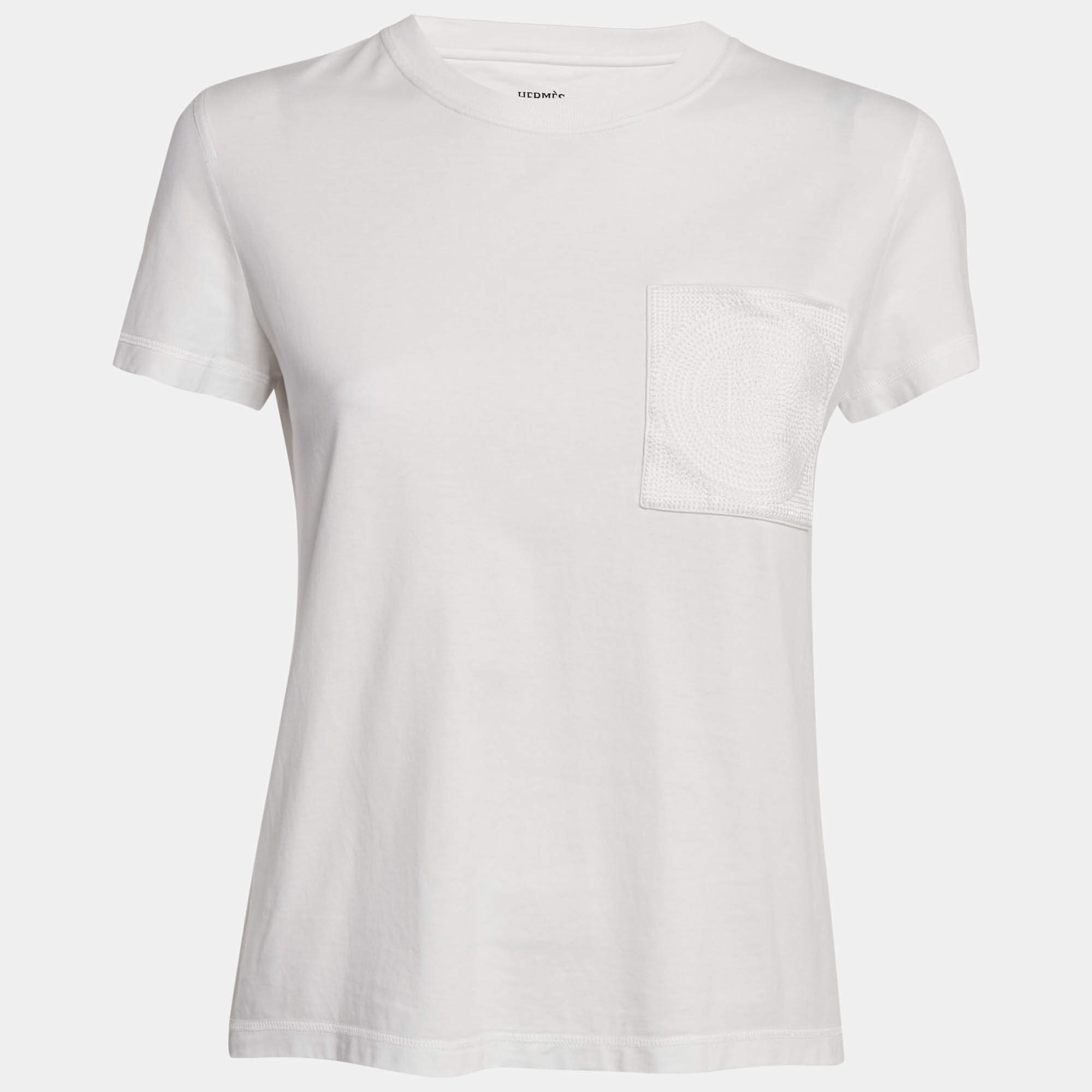 Pre Owned Hermes White Cotton Embroidered Pocket T-Shirt S