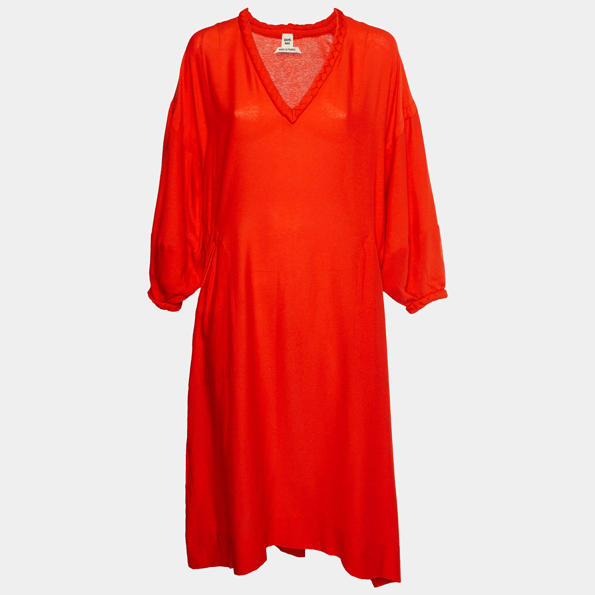 Pre Owned Hermes Bright Red Silk V-Neck Long Tunic Dress S