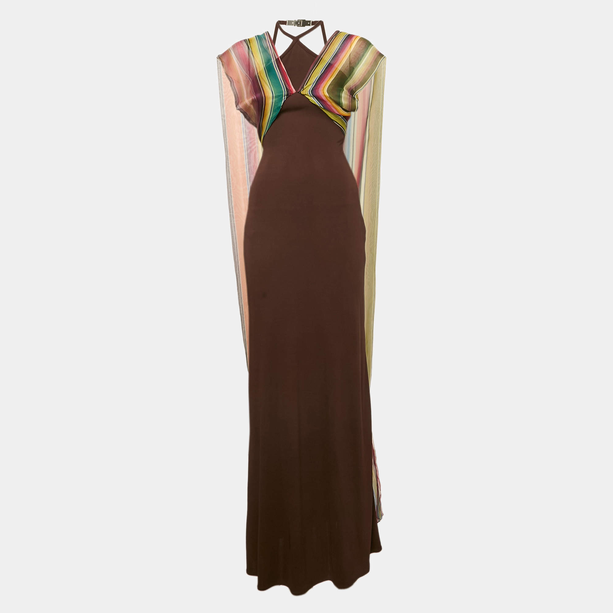 Hermès Brown Striped Silk and Jersey Maxi Dress M