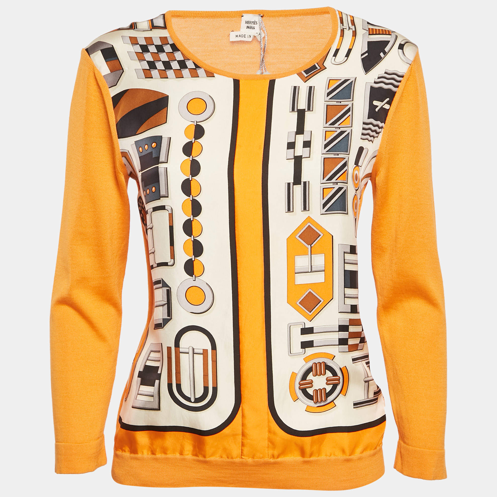 مملوكة مسبقًا Hermès Orange Printed Silk & Cotton Knit Paneled Top S