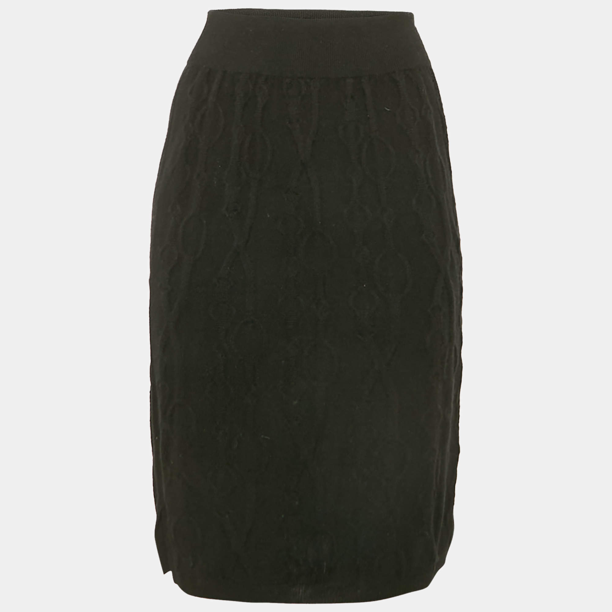 Hermes Black Patterned Cashmere Knit Pencil Skirt M