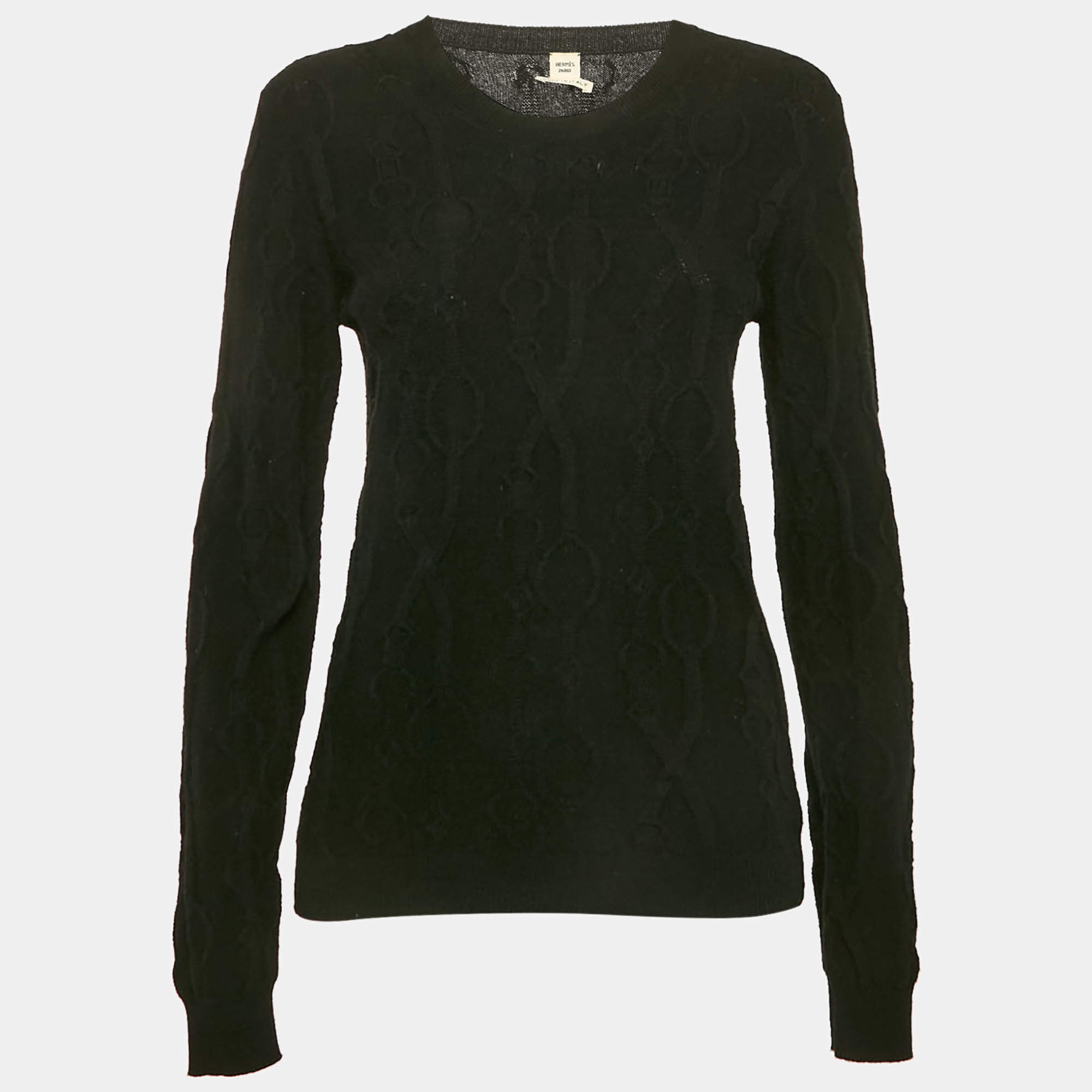 Hermes Black Horse Bit Jacquard Knit Cashmere Long Sleeve Sweater M