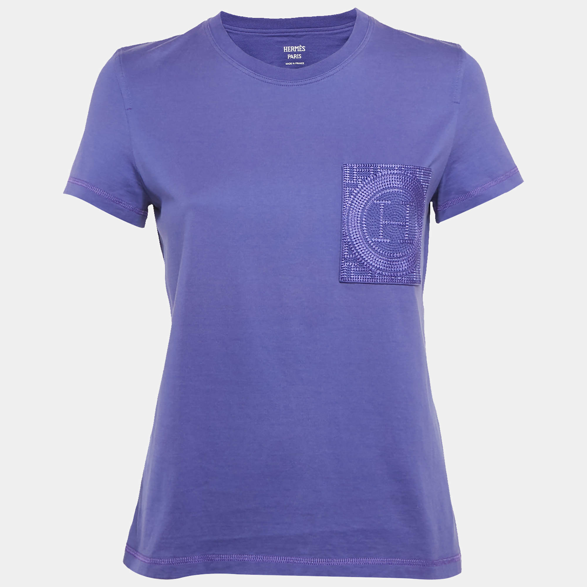 Hermes Purple Cotton H Embroidered Pocket T-Shirt M