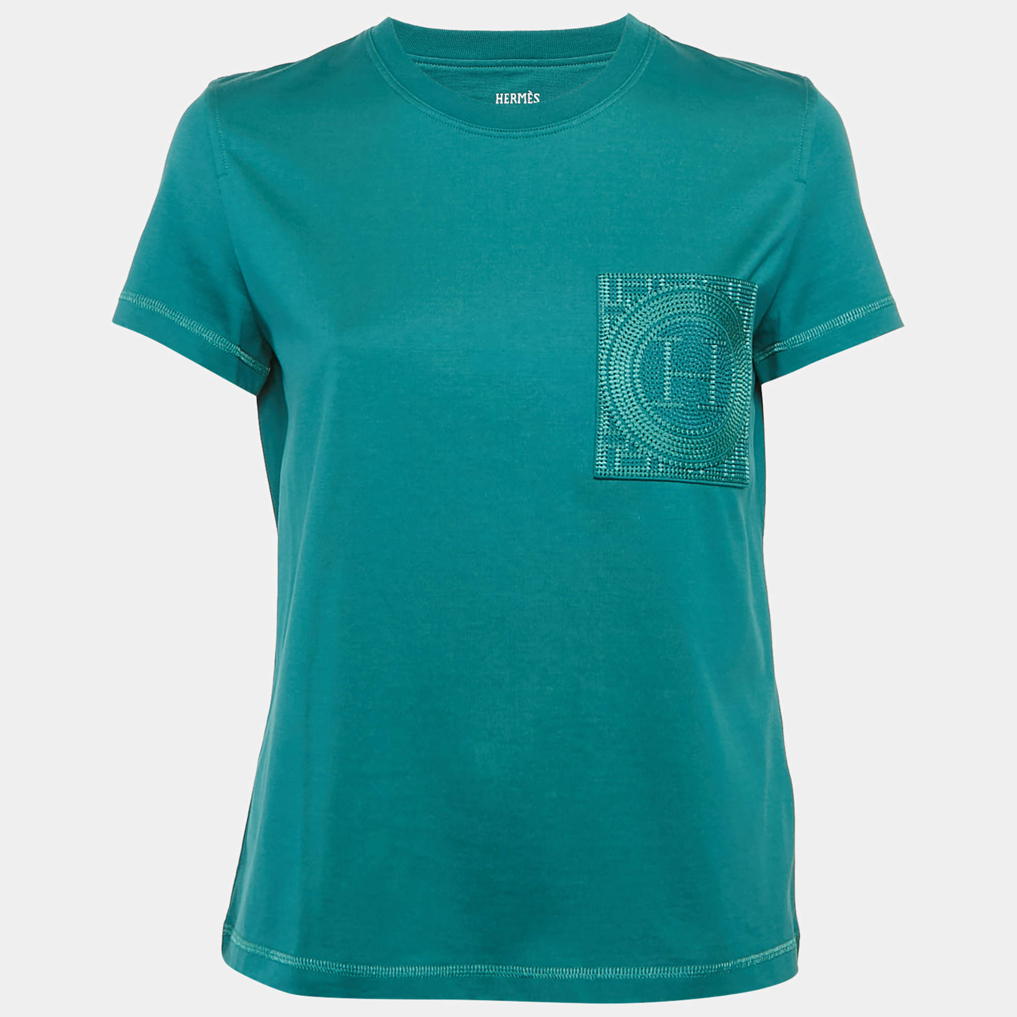 Hermès Teal Green Jersey Embroidered Pocket T-Shirt M
