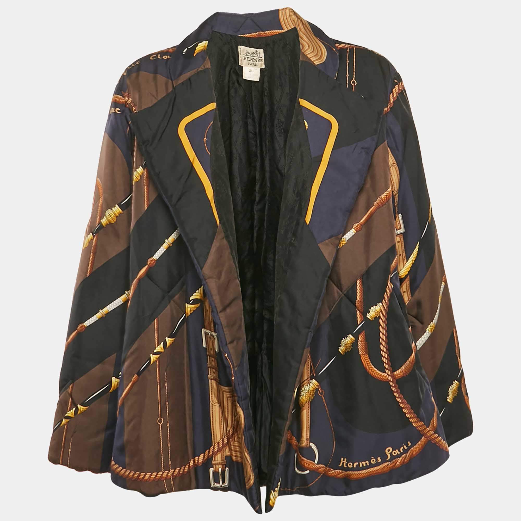 Hermes Navy Blue Printed Silk Padded Open Front Jacket L
