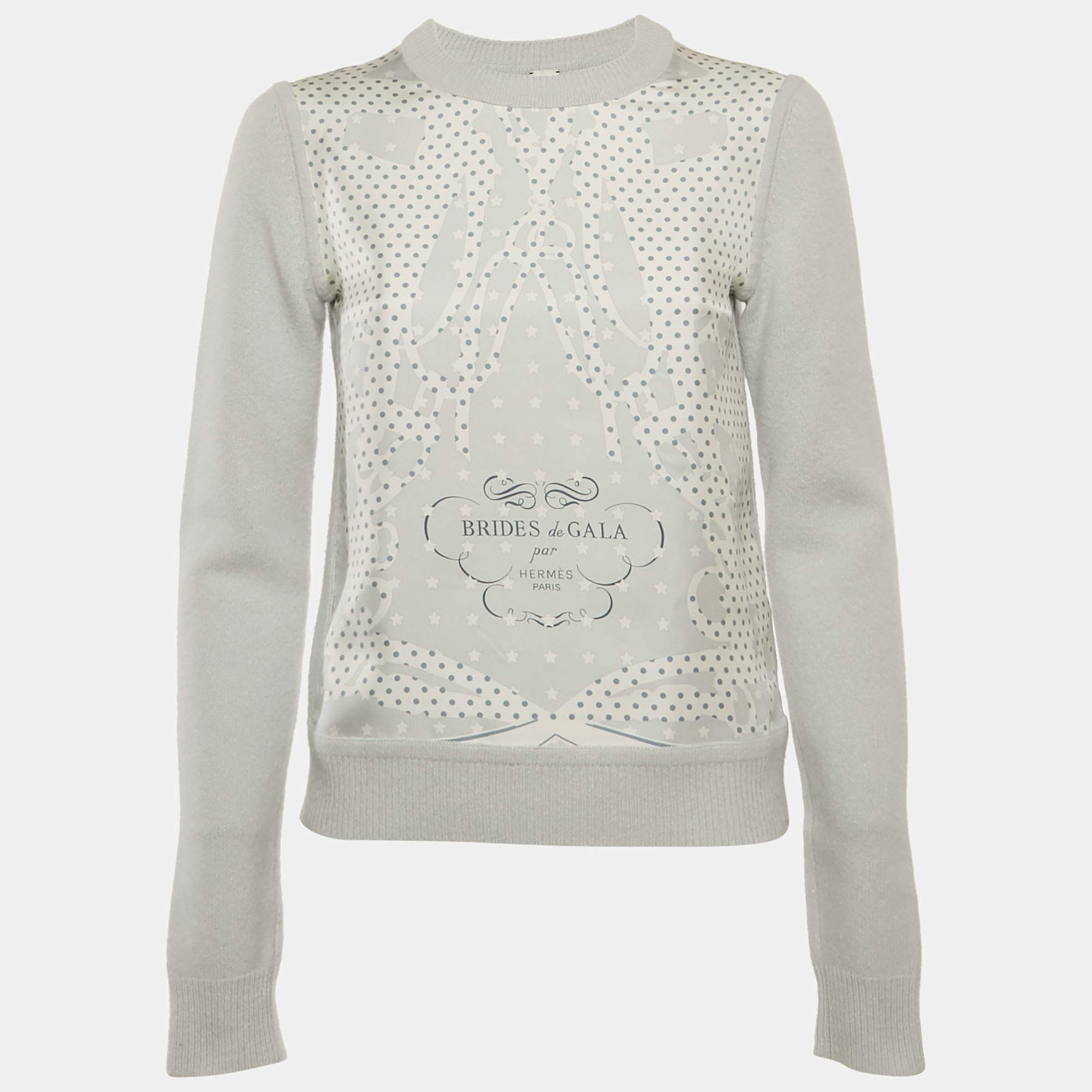 Pre Owned Hermès Light Blue Brides de Gala Print Silk and Wool Blend Twillaine Sweater S