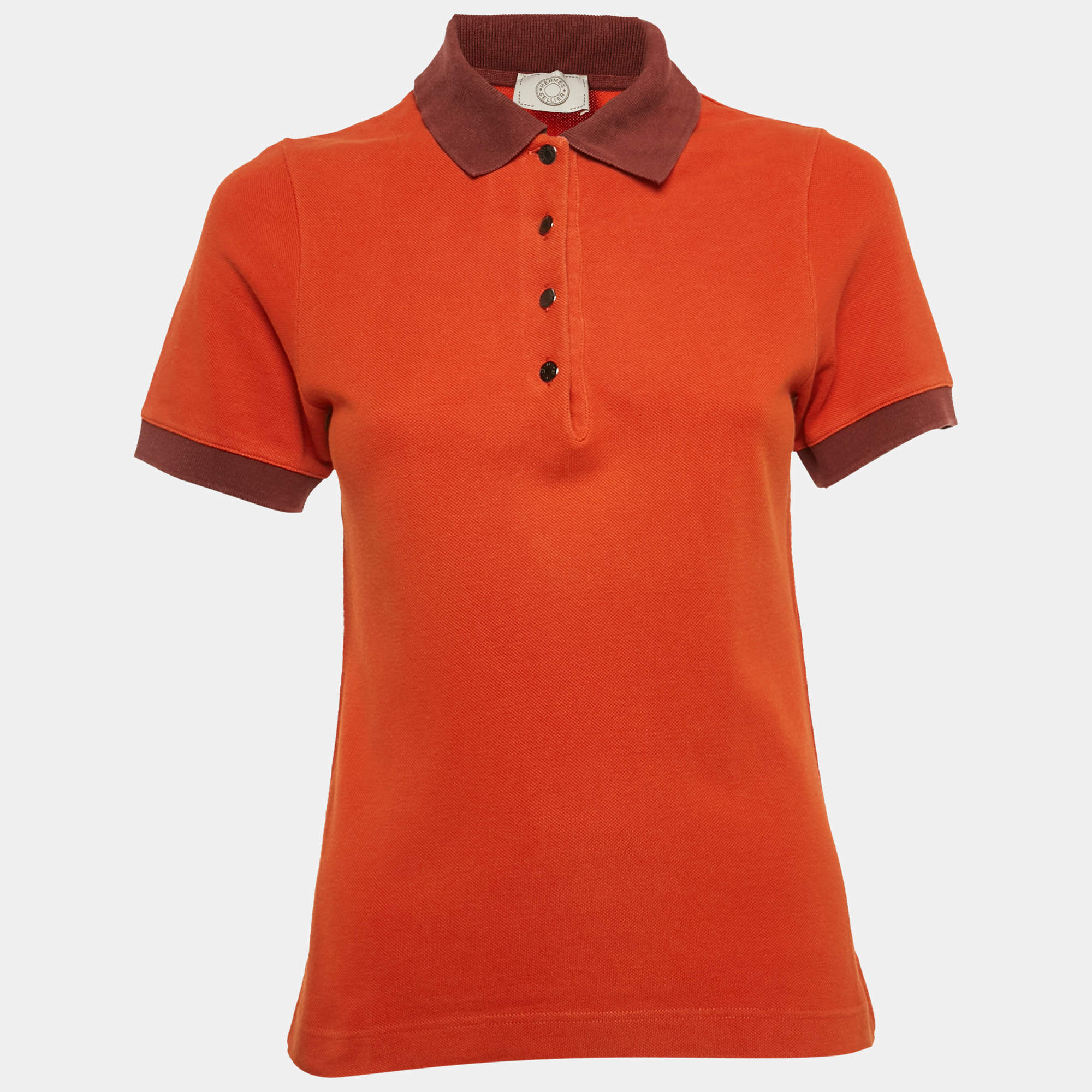 Pre Owned Hermes Orange Cotton Pique Polo T-Shirt S