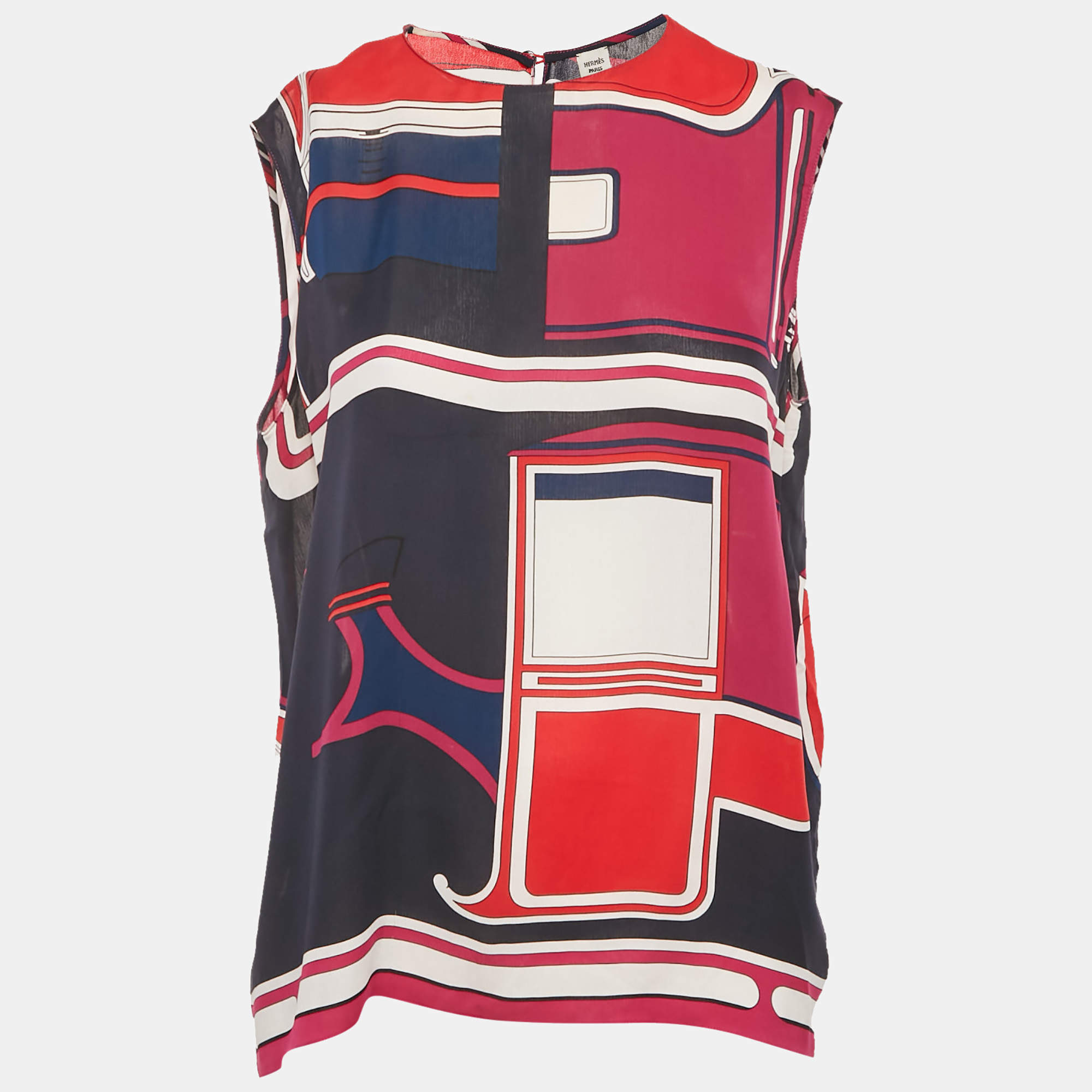 Pre Owned Hermes Multicolor Printed Silk Sleeveless Top M