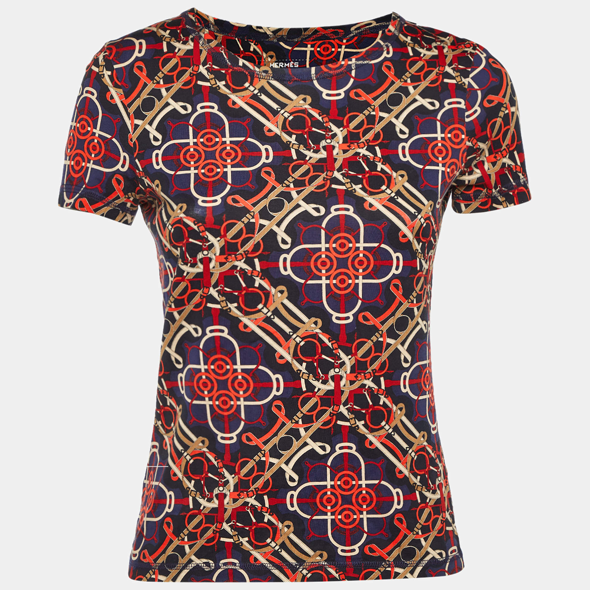 مملوكة مسبقًا تي شيرت هيرميس قطن محبوك مطبوع أزرق كحلي مقاس صغير