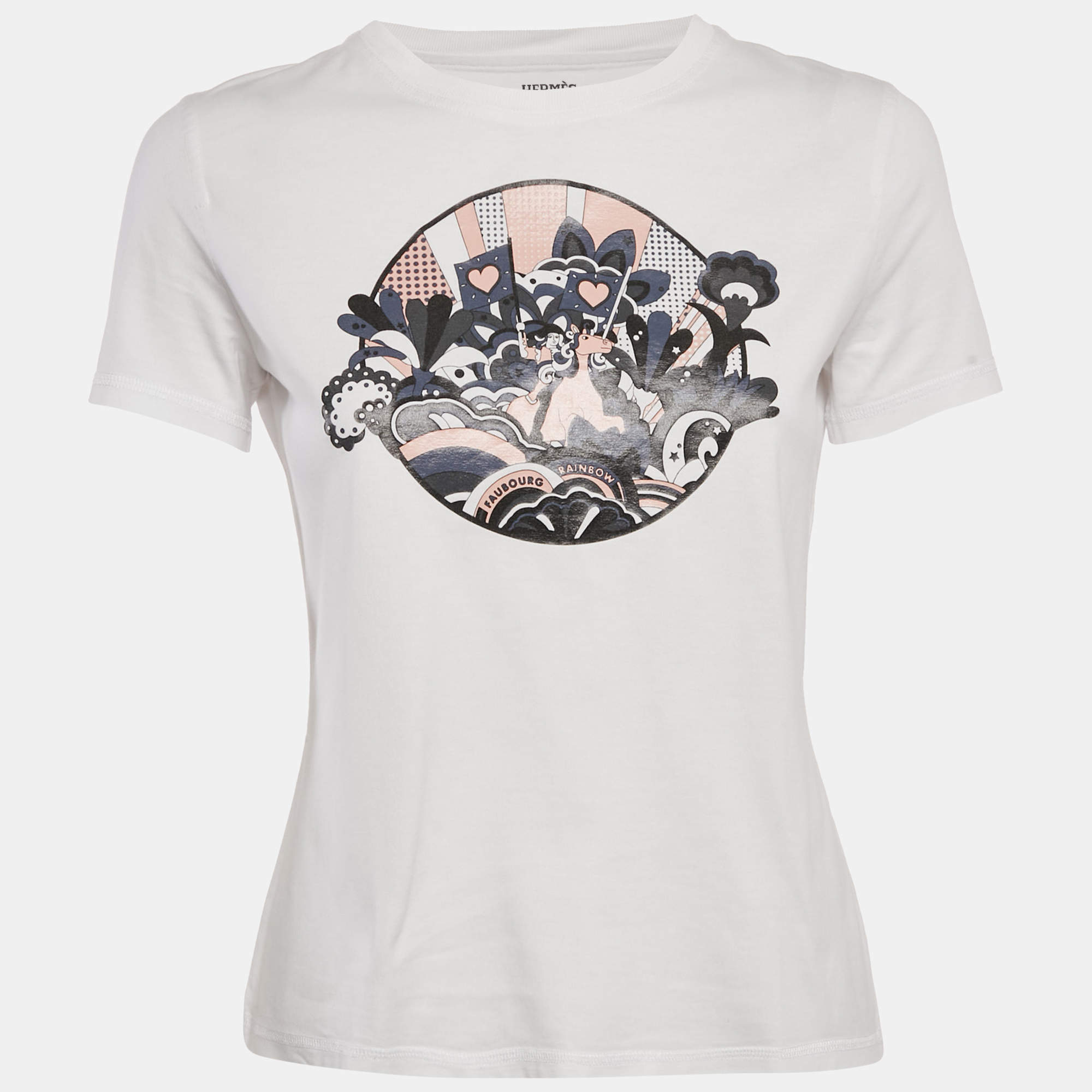 Pre Owned Hermes White Faubourg Rainbow Micro Print Cotton Crewneck T-Shirt M 