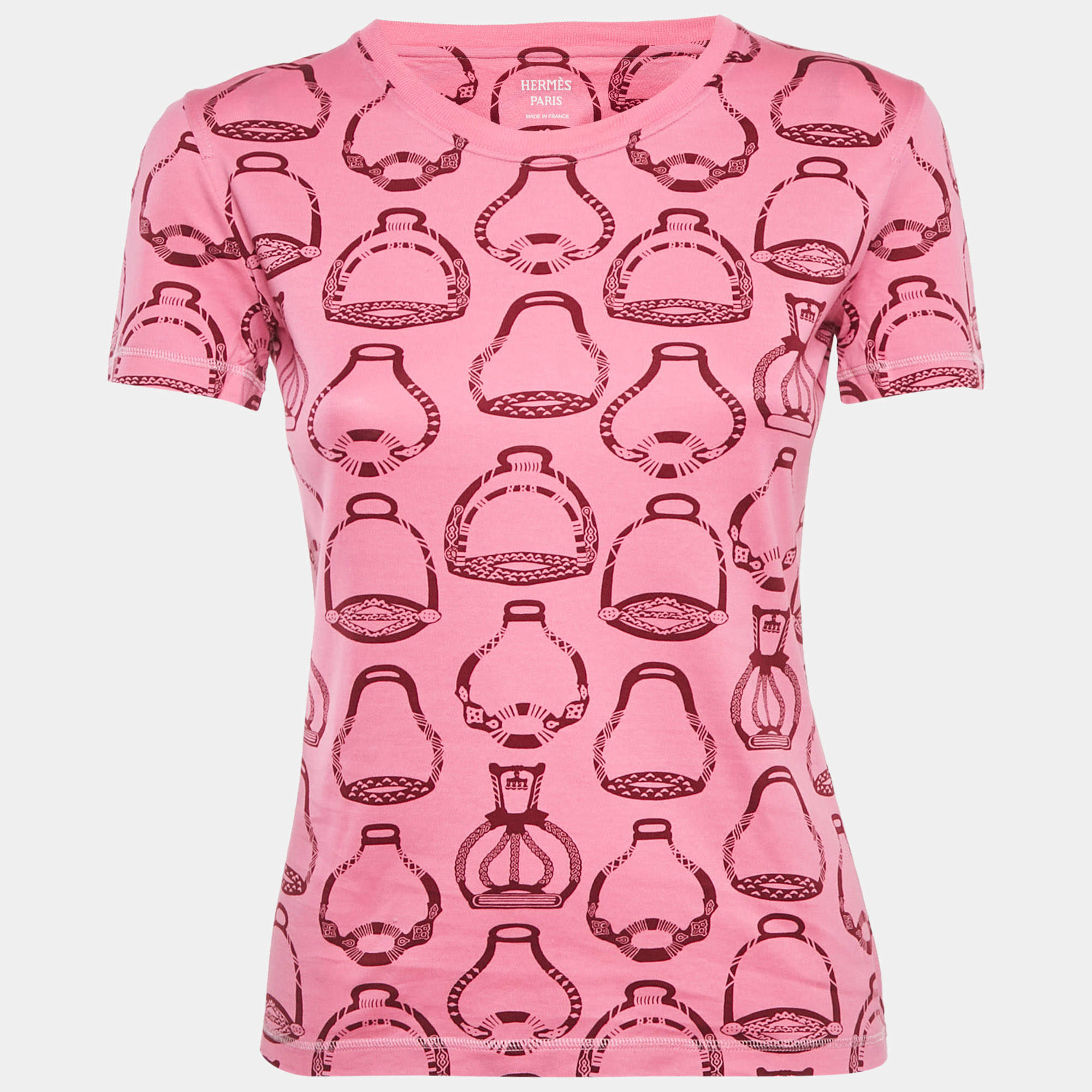 Pre Owned Hermes Pink Printed Cotton Crewneck T-Shirt S