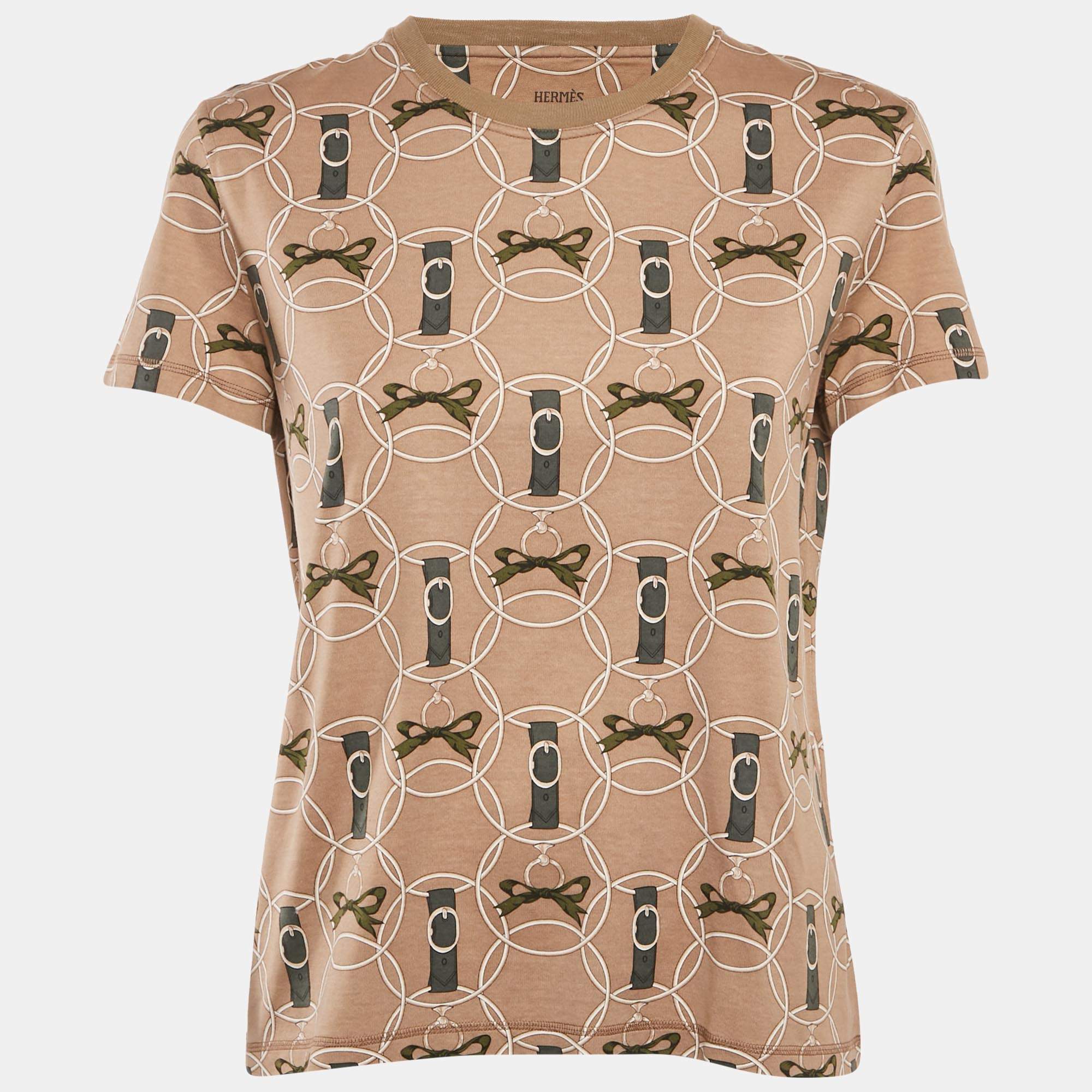 Pre Owned Hermes Brown Printed Cotton Crewneck T-Shirt M