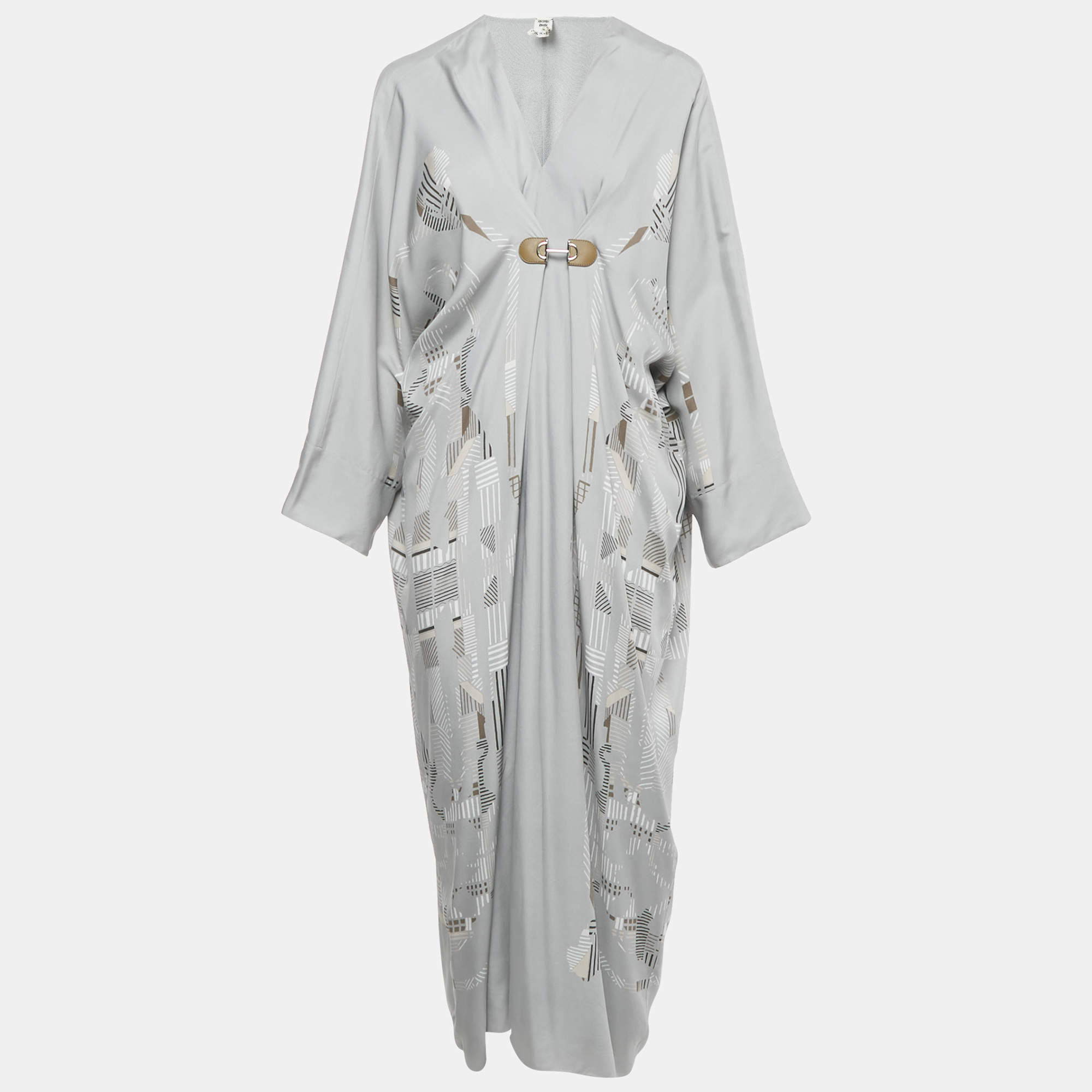 Pre Owned Hermes Grey Printed Silk Midi Kaftan Dress M