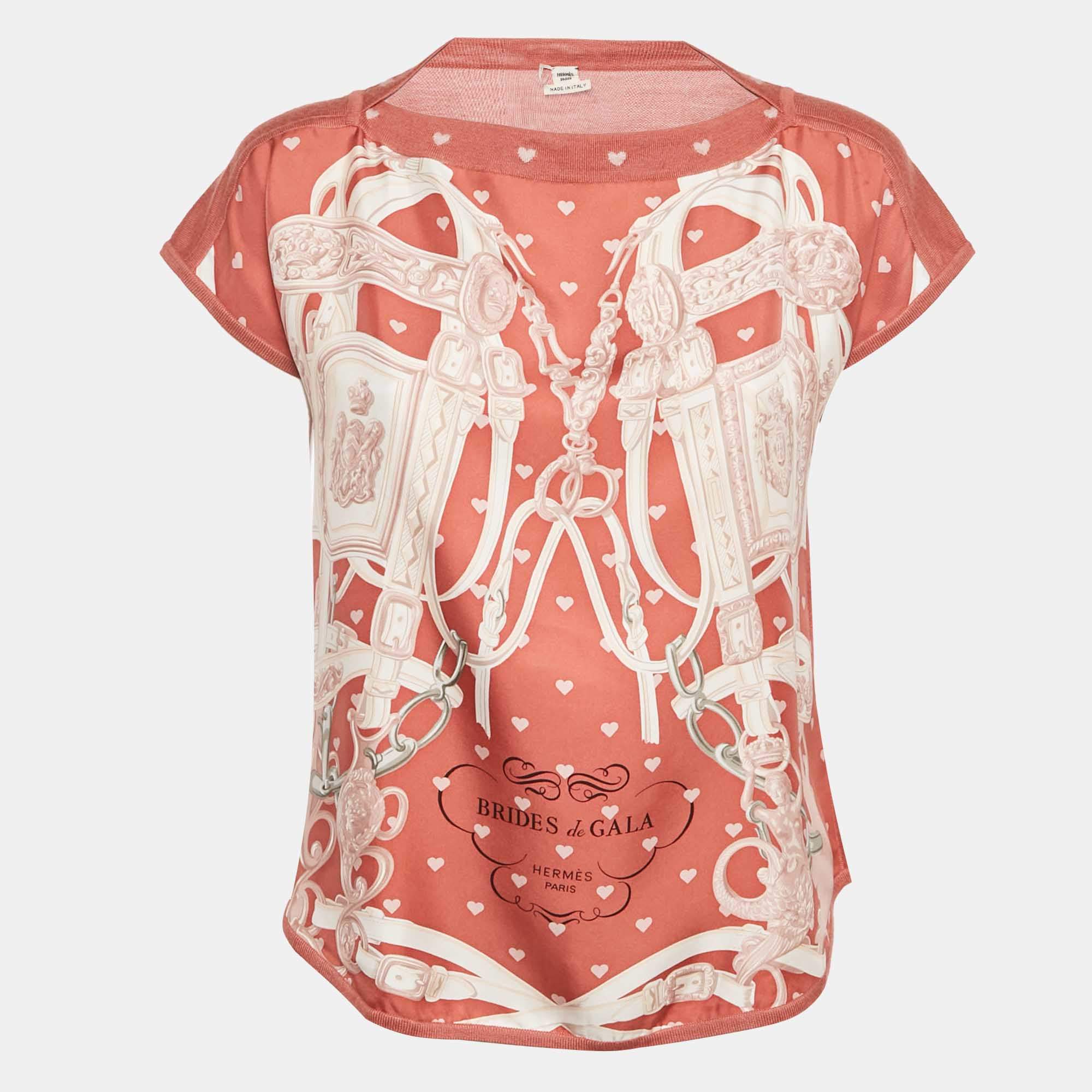 مملوكة مسبقًا Hermès Pink Printed Silk and Knit Brides de Gala T-Shirt S