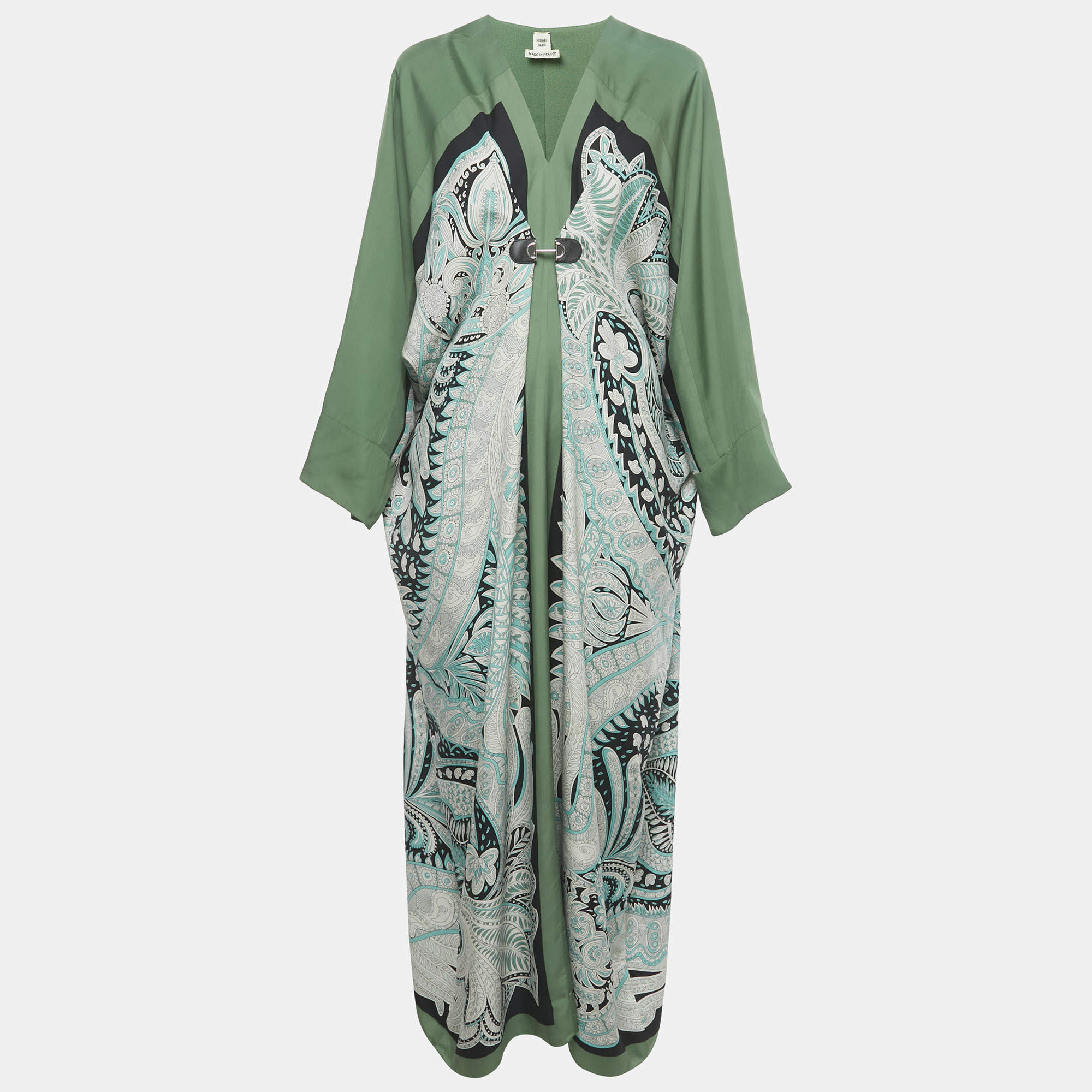 Pre Owned Hermes Green Printed Silk Kimono Maxi Dress M