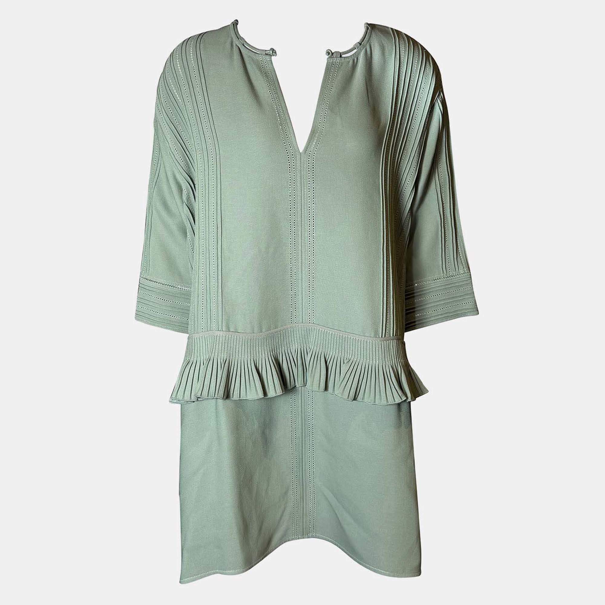 Pre Owned Hermes Green Pintuck Dress XS
